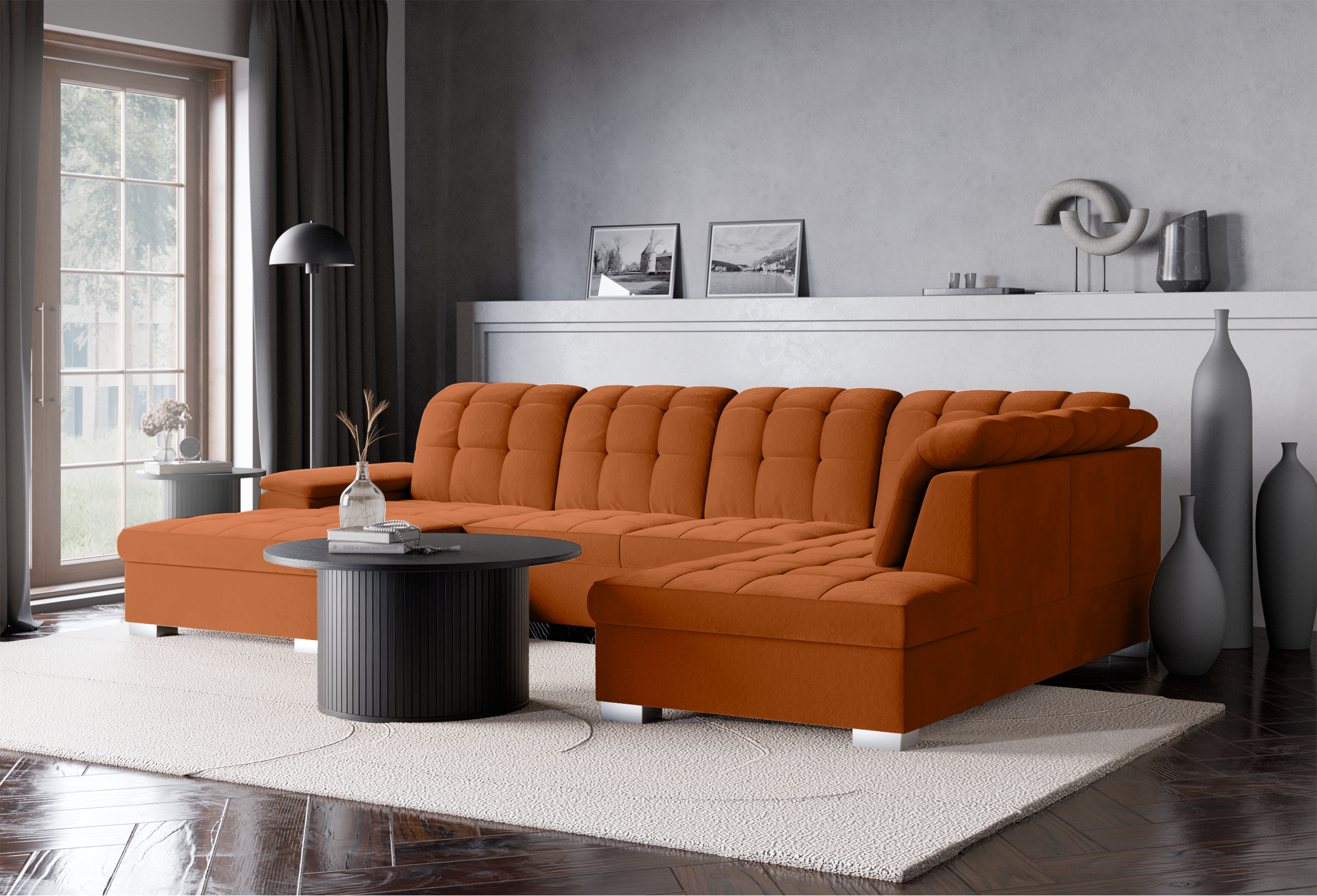 Ecksofa mit Schlaffunktion Jamaal U-förmig linksseitig mit Stauraum kupferfarbener, hydrophober Samt