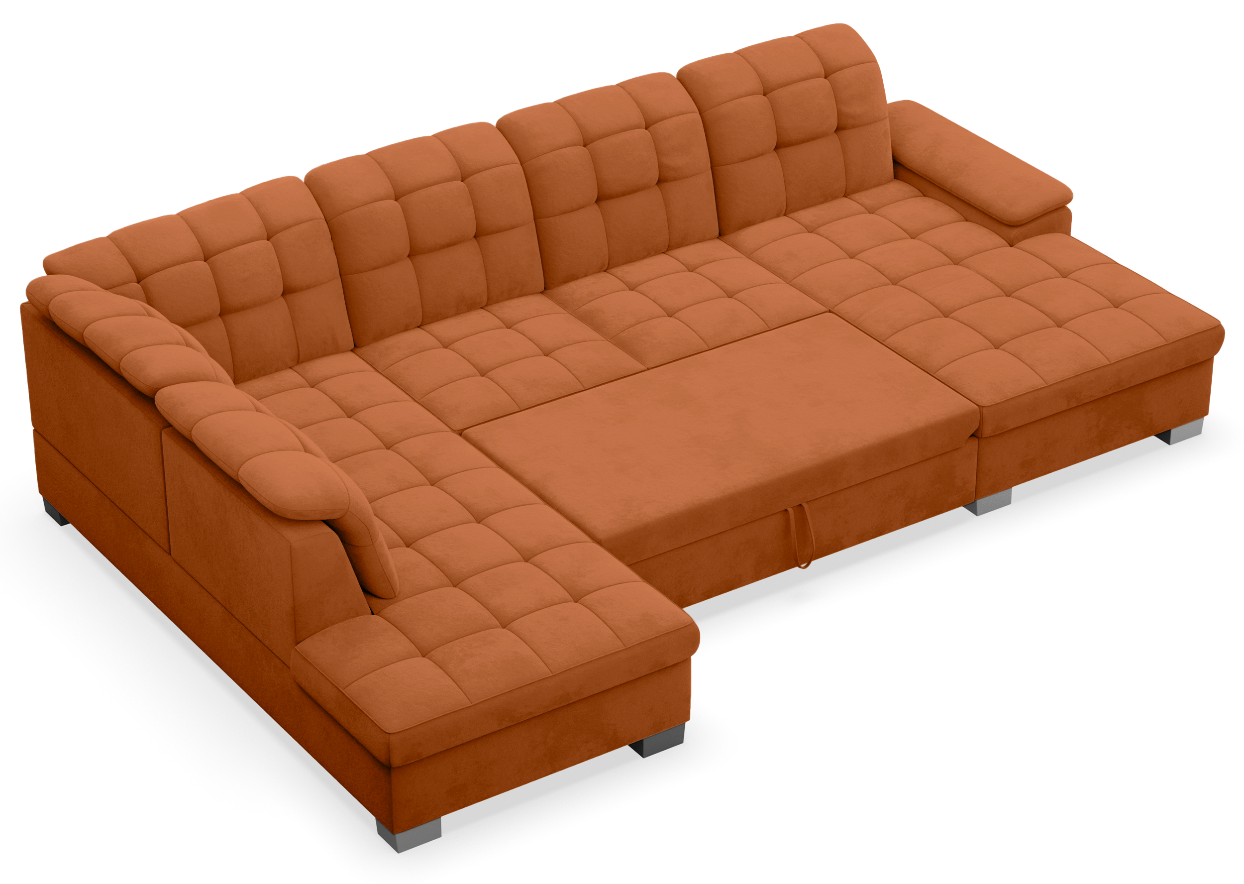 Ecksofa mit Schlaffunktion Jamaal, U-förmig, rechtsseitig, mit Stauraum, kupferfarbener, hydrophober Samt