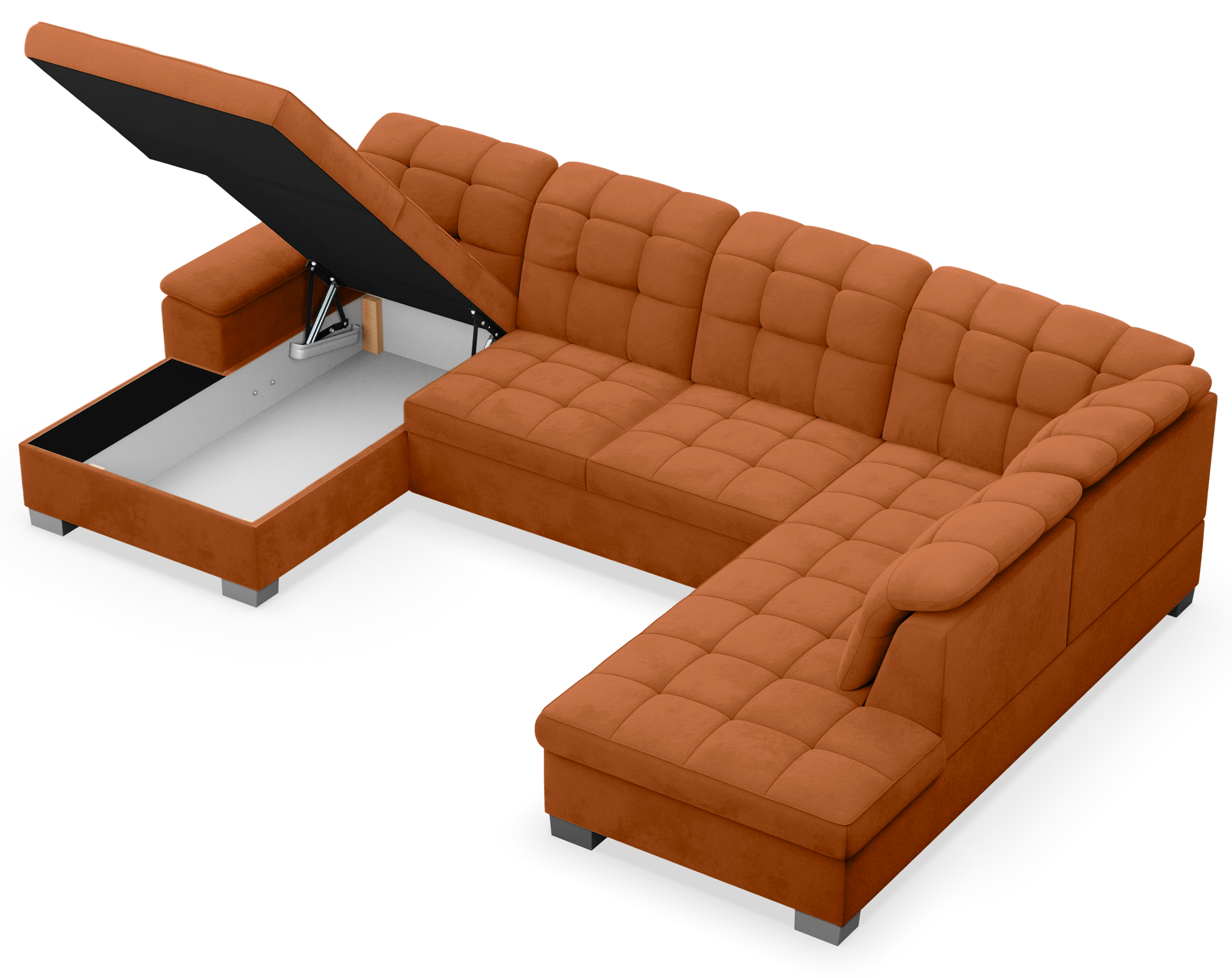 Ecksofa mit Schlaffunktion Jamaal U-förmig linksseitig mit Stauraum kupferfarbener, hydrophober Samt