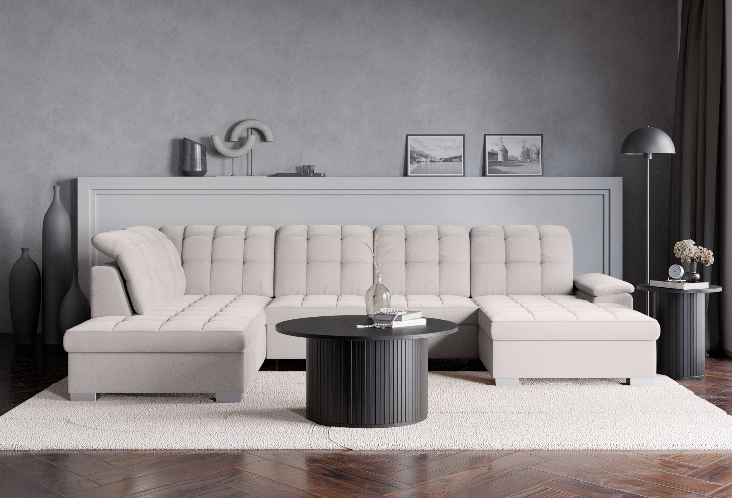 Ecksofa mit Schlaffunktion Jamaal, U-förmig, rechtsseitig, mit Stauraum, hellgrauer hydrophober Samt