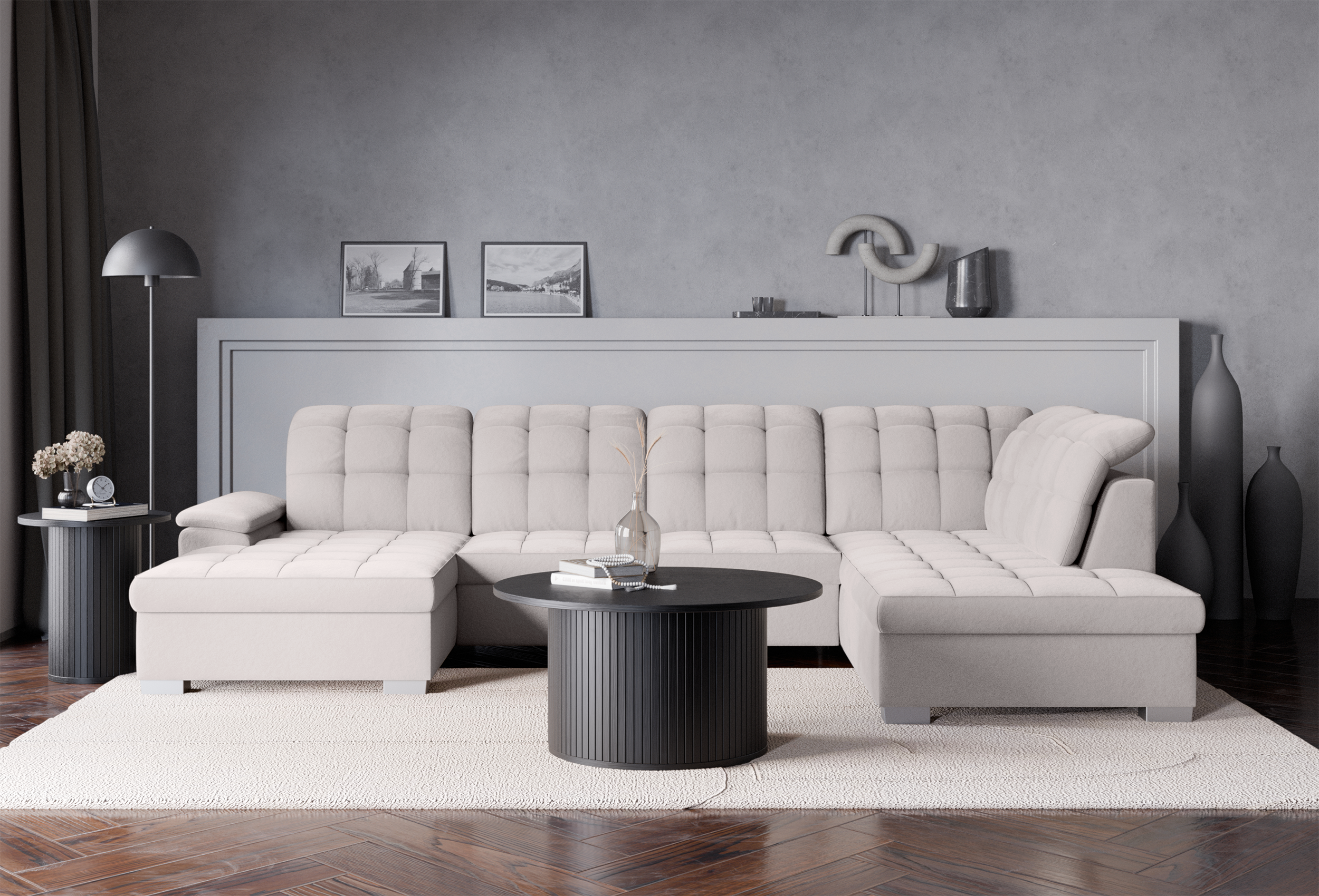 Ecksofa mit Schlaffunktion Jamaal U-förmig linksseitig mit Stauraum, hellgrauer hydrophober Samt