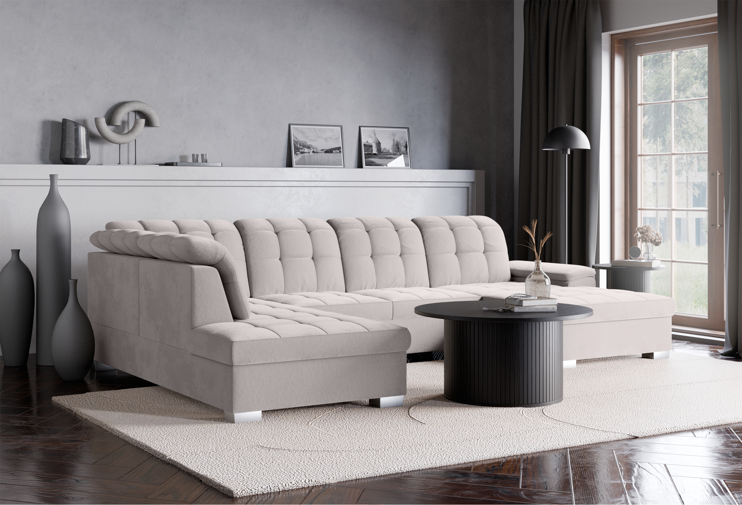 Ecksofa mit Schlaffunktion Jamaal, U-förmig, rechtsseitig, mit Stauraum, hellgrauer hydrophober Samt