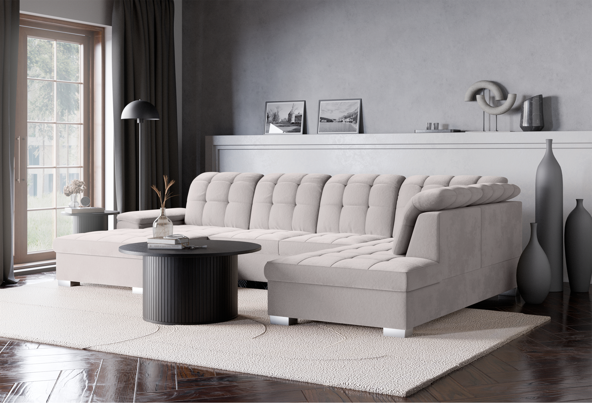 Ecksofa mit Schlaffunktion Jamaal U-förmig linksseitig mit Stauraum, hellgrauer hydrophober Samt