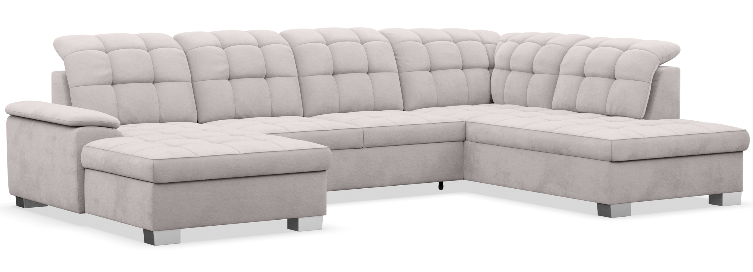 Ecksofa mit Schlaffunktion Jamaal U-förmig linksseitig mit Stauraum, hellgrauer hydrophober Samt