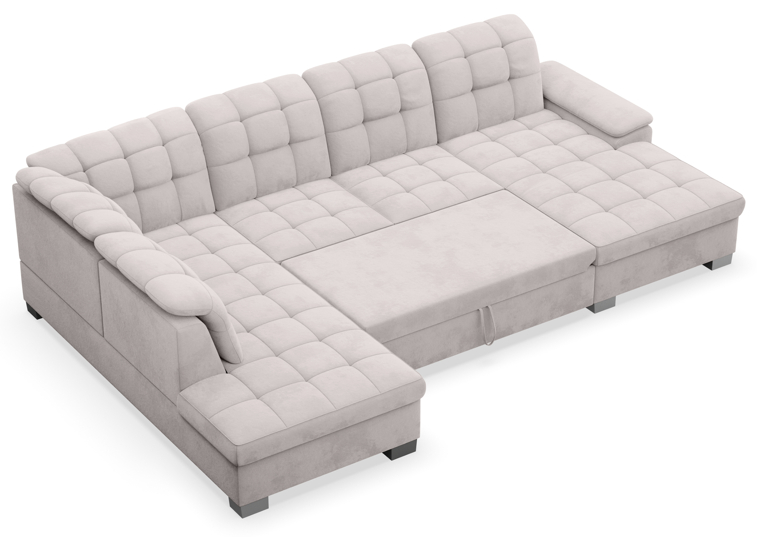 Ecksofa mit Schlaffunktion Jamaal, U-förmig, rechtsseitig, mit Stauraum, hellgrauer hydrophober Samt