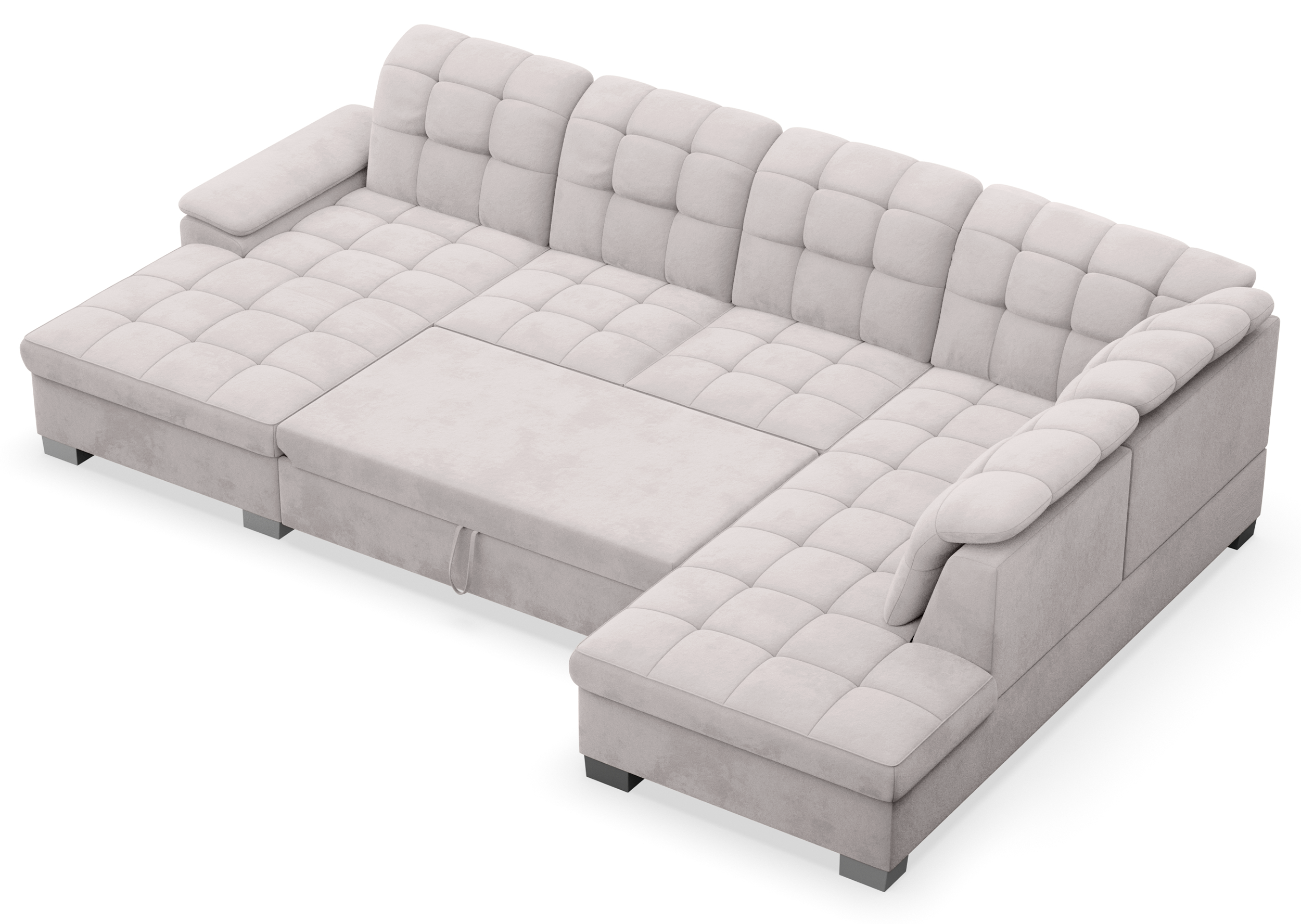 Ecksofa mit Schlaffunktion Jamaal U-förmig linksseitig mit Stauraum, hellgrauer hydrophober Samt