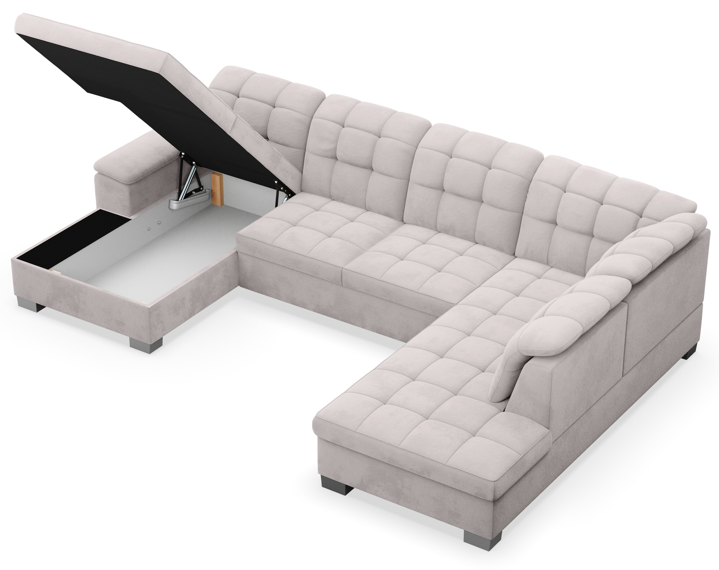 Ecksofa mit Schlaffunktion Jamaal U-förmig linksseitig mit Stauraum, hellgrauer hydrophober Samt