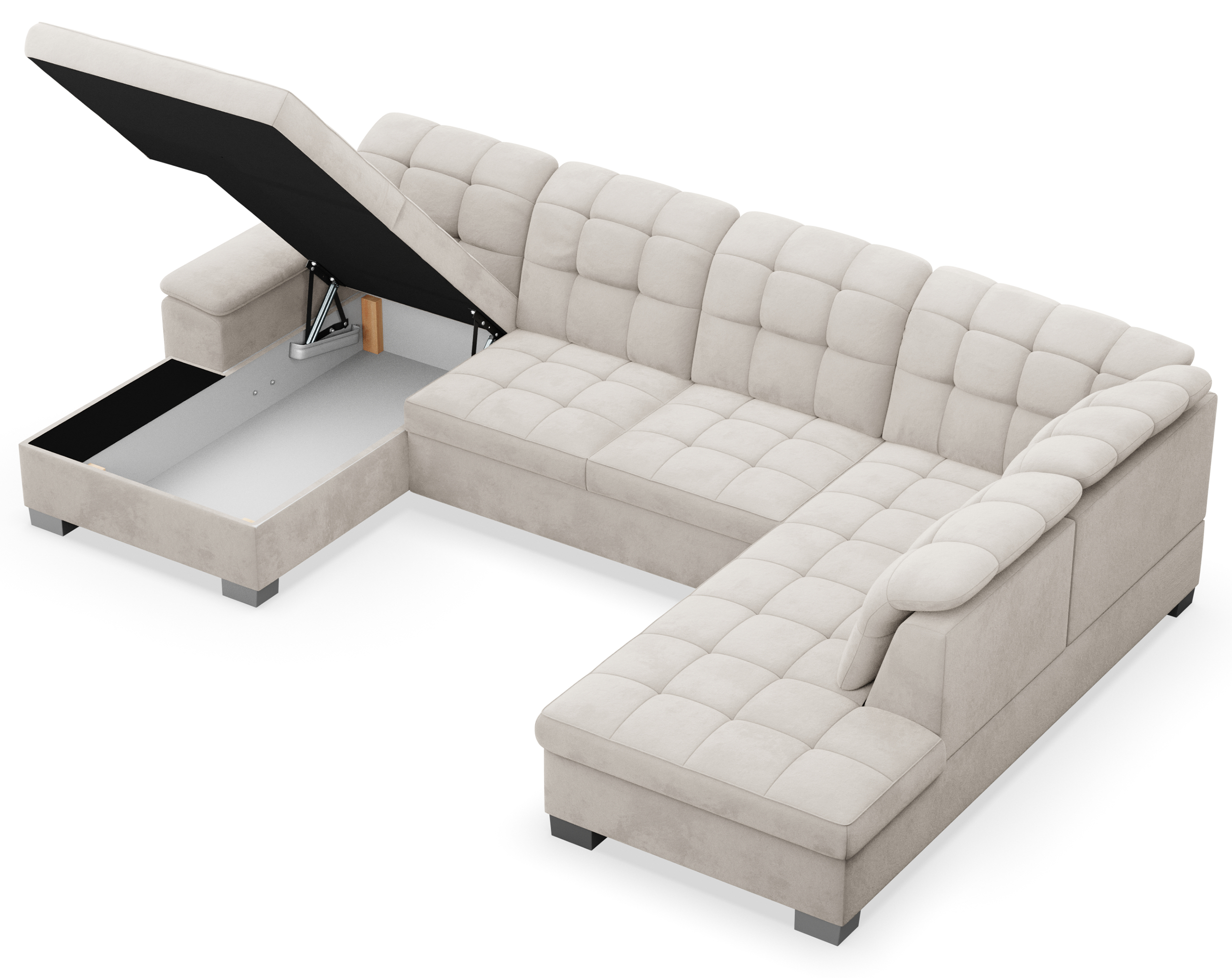 Ecksofa mit Schlaffunktion Jamaal U-förmig linksseitig mit Stauraum, grau-beiger hydrophober Samt