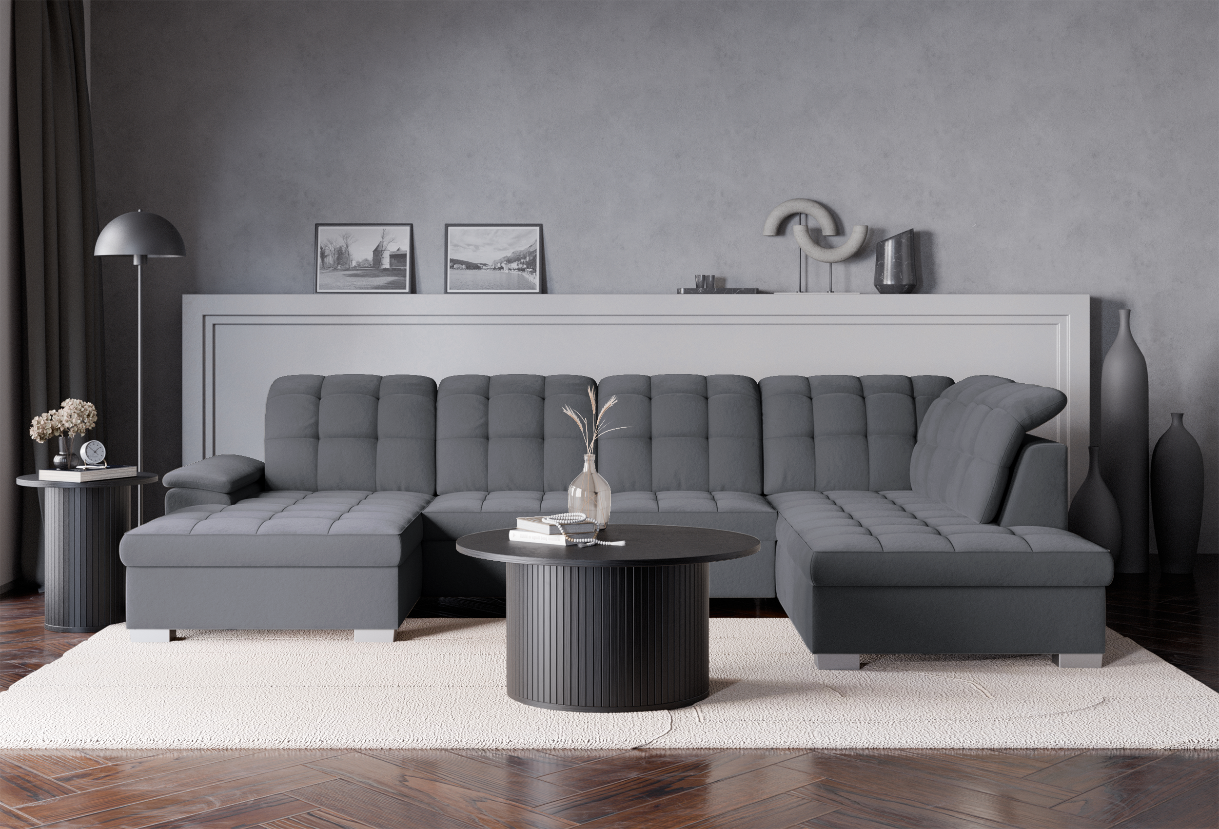 Ecksofa mit Schlafunktion Jamaal U-förmig linksseitig mit Stauraum dunkelgrauer hydrophober Samt