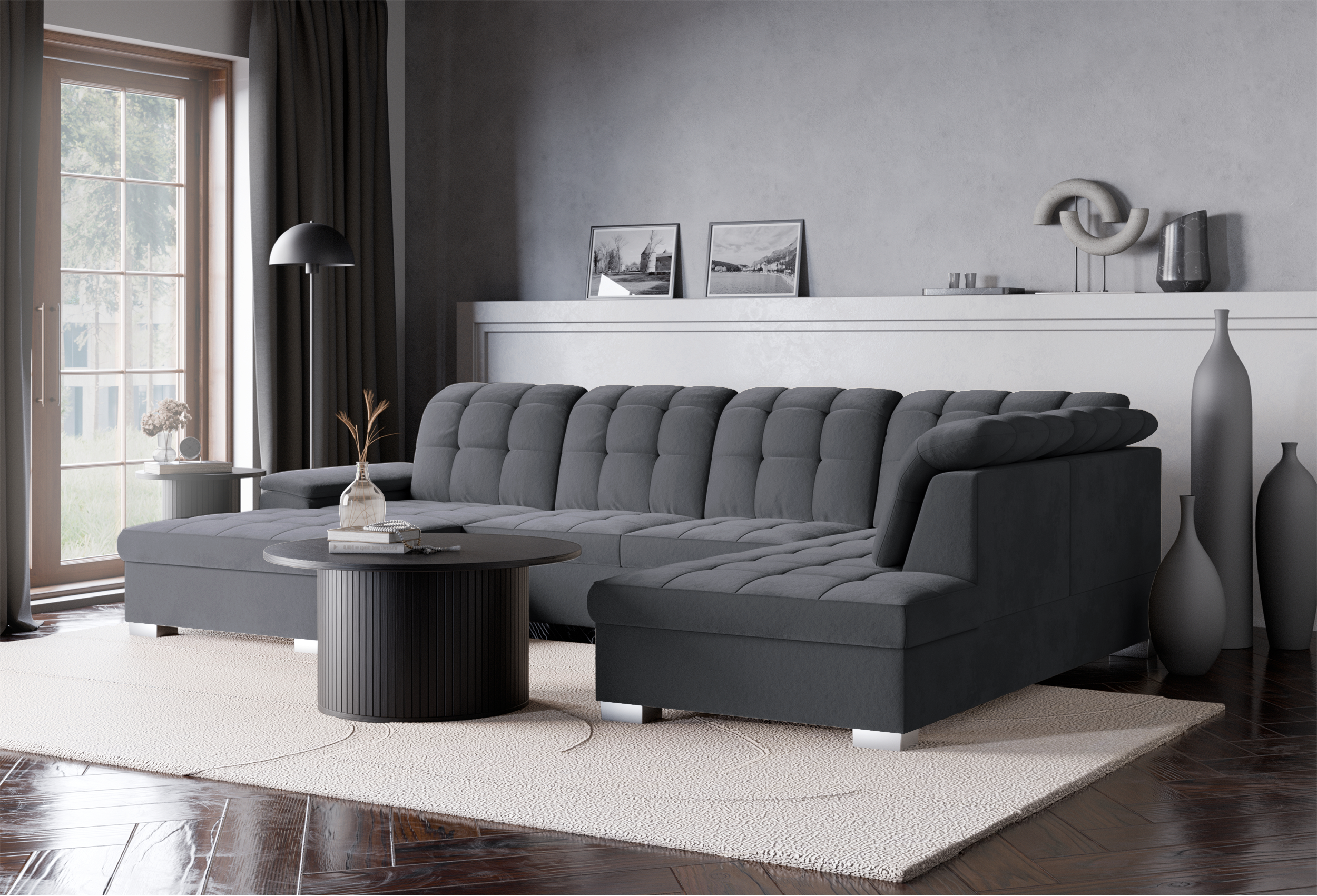 Ecksofa mit Schlafunktion Jamaal U-förmig linksseitig mit Stauraum dunkelgrauer hydrophober Samt