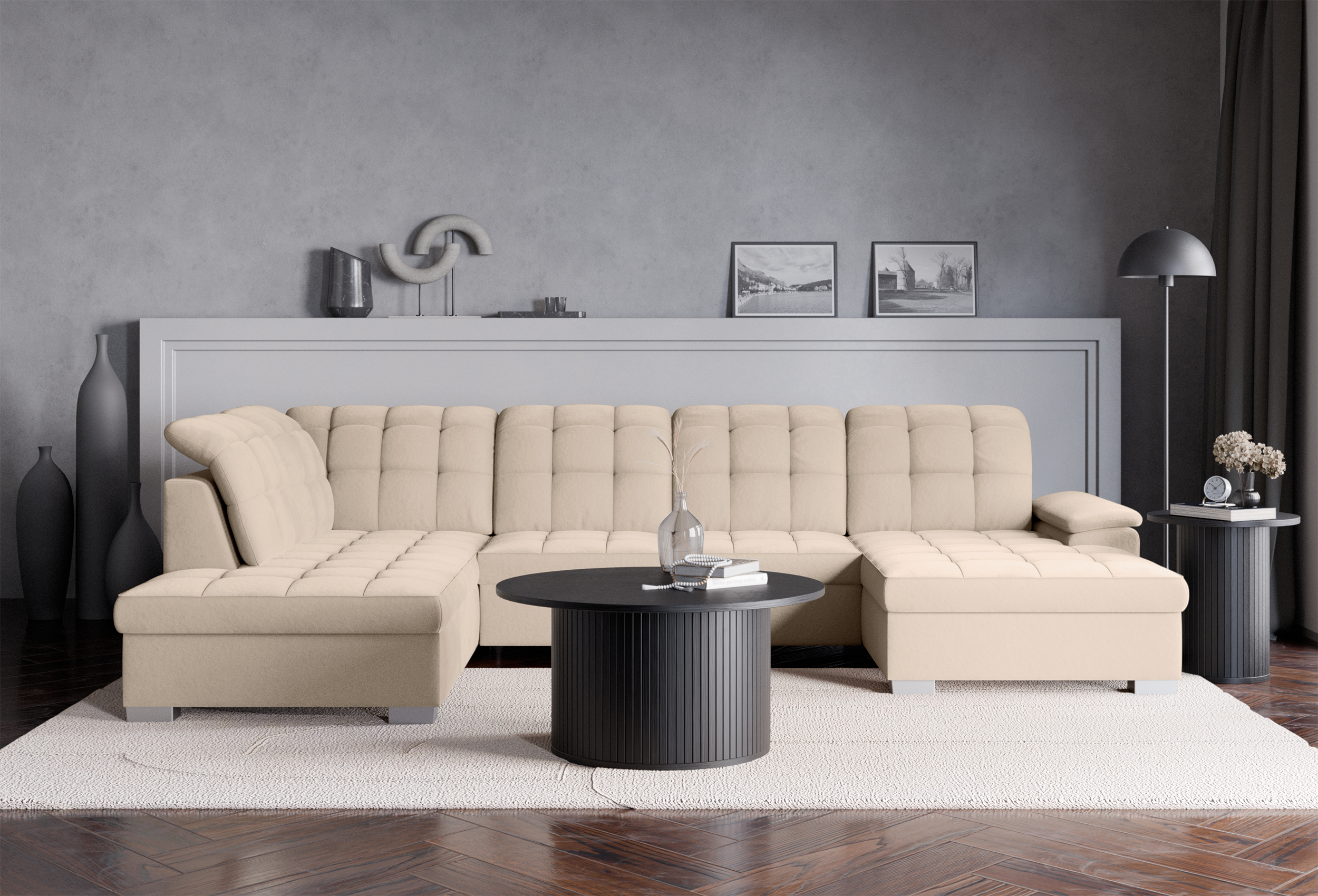 Ecksofa mit Schlaffunktion Jamaal U-förmig, rechtsseitig, mit Stauraum, beige, hydrophober Samt