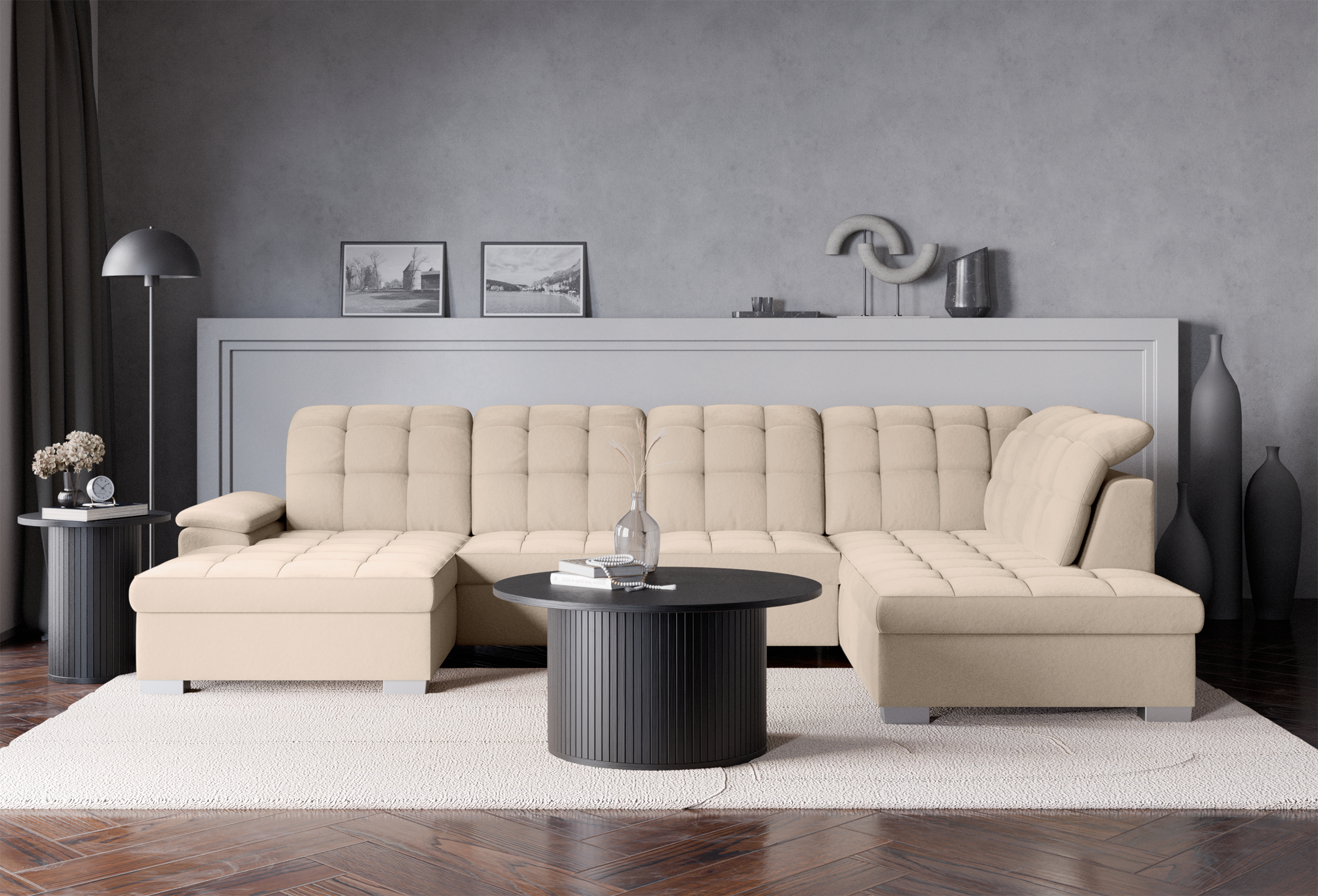 Ecksofa mit Schlaffunktion Jamaal U-förmig linksseitig mit Stauraum beige hydrophobes Samtvelours