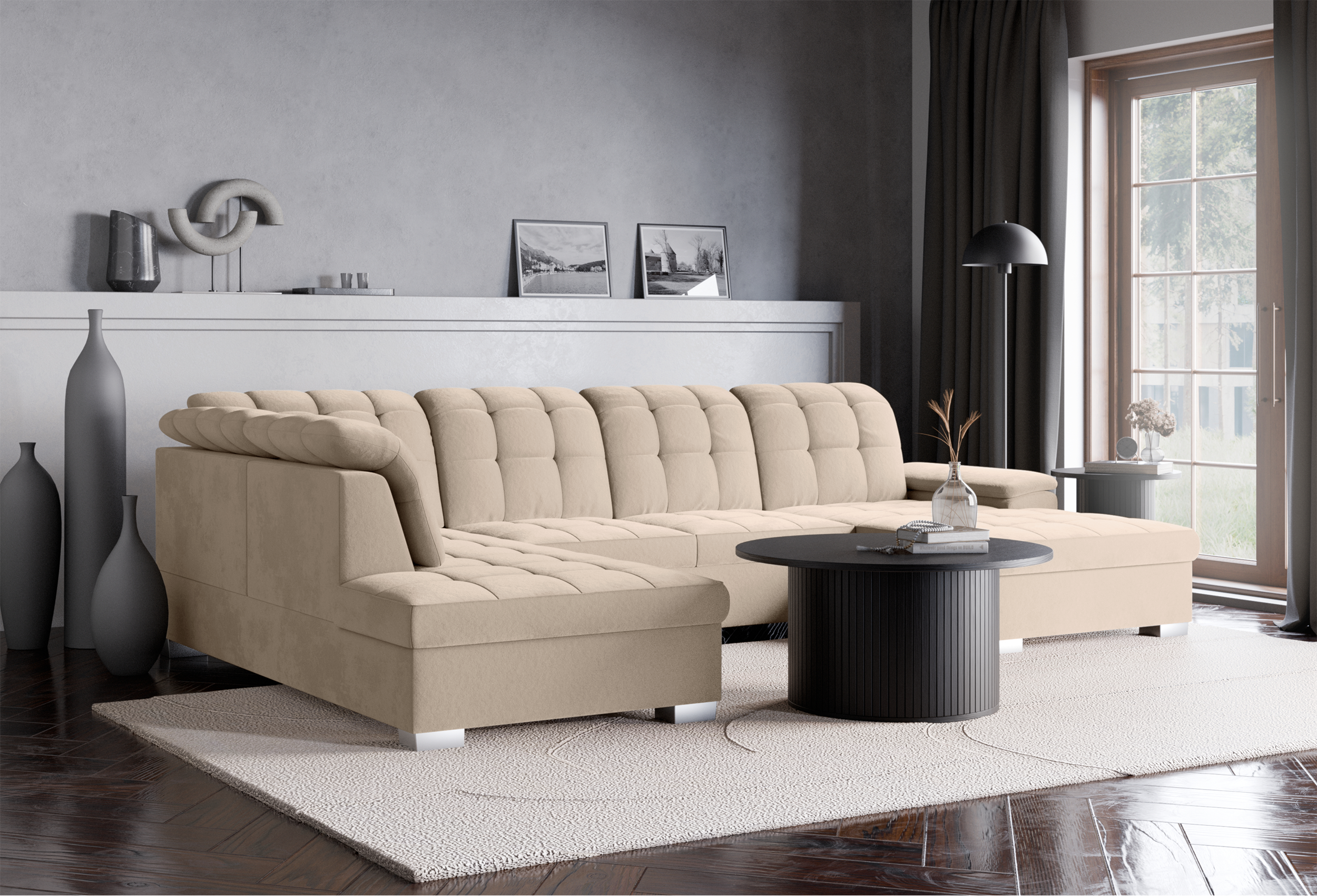 Ecksofa mit Schlaffunktion Jamaal U-förmig, rechtsseitig, mit Stauraum, beige, hydrophober Samt