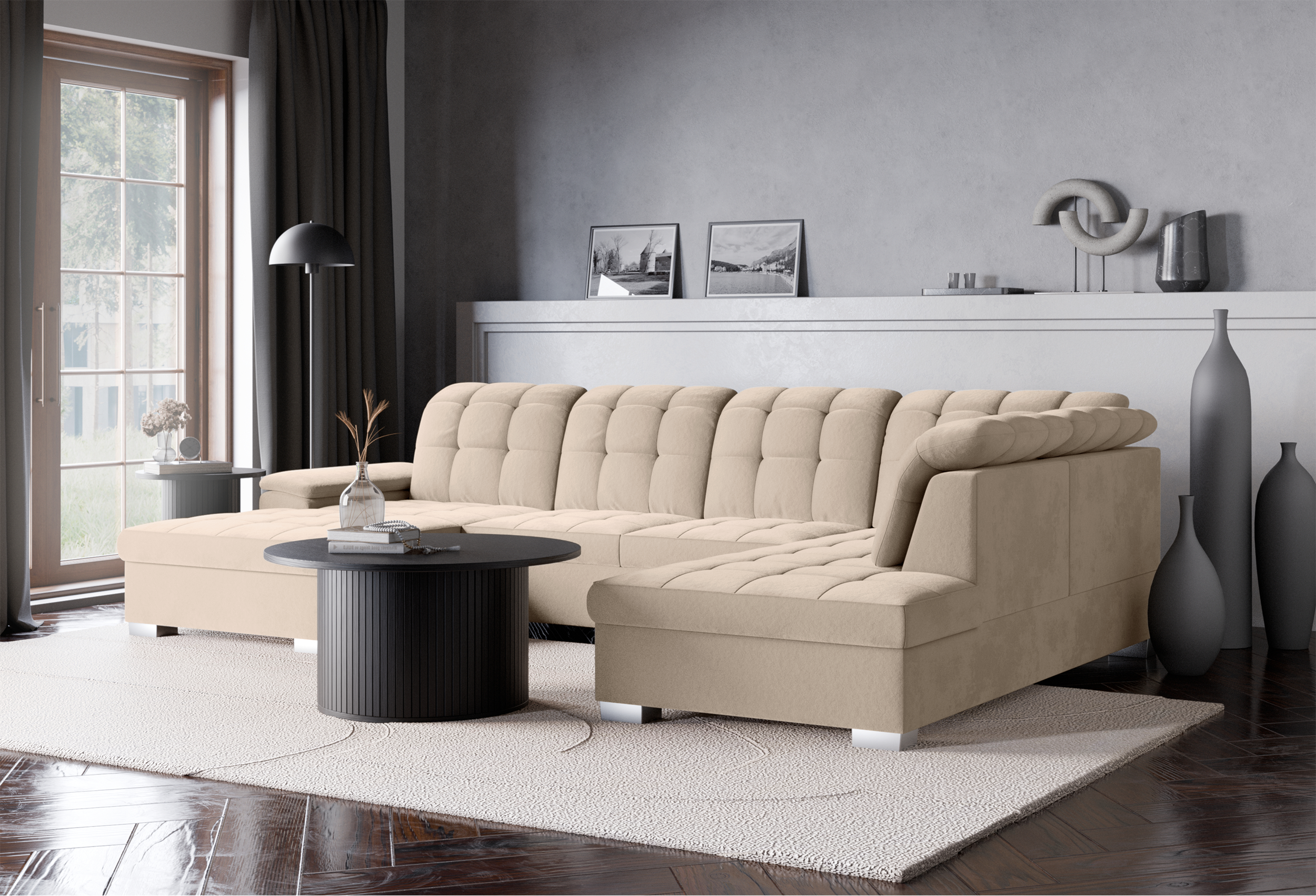 Ecksofa mit Schlaffunktion Jamaal U-förmig linksseitig mit Stauraum beige hydrophobes Samtvelours