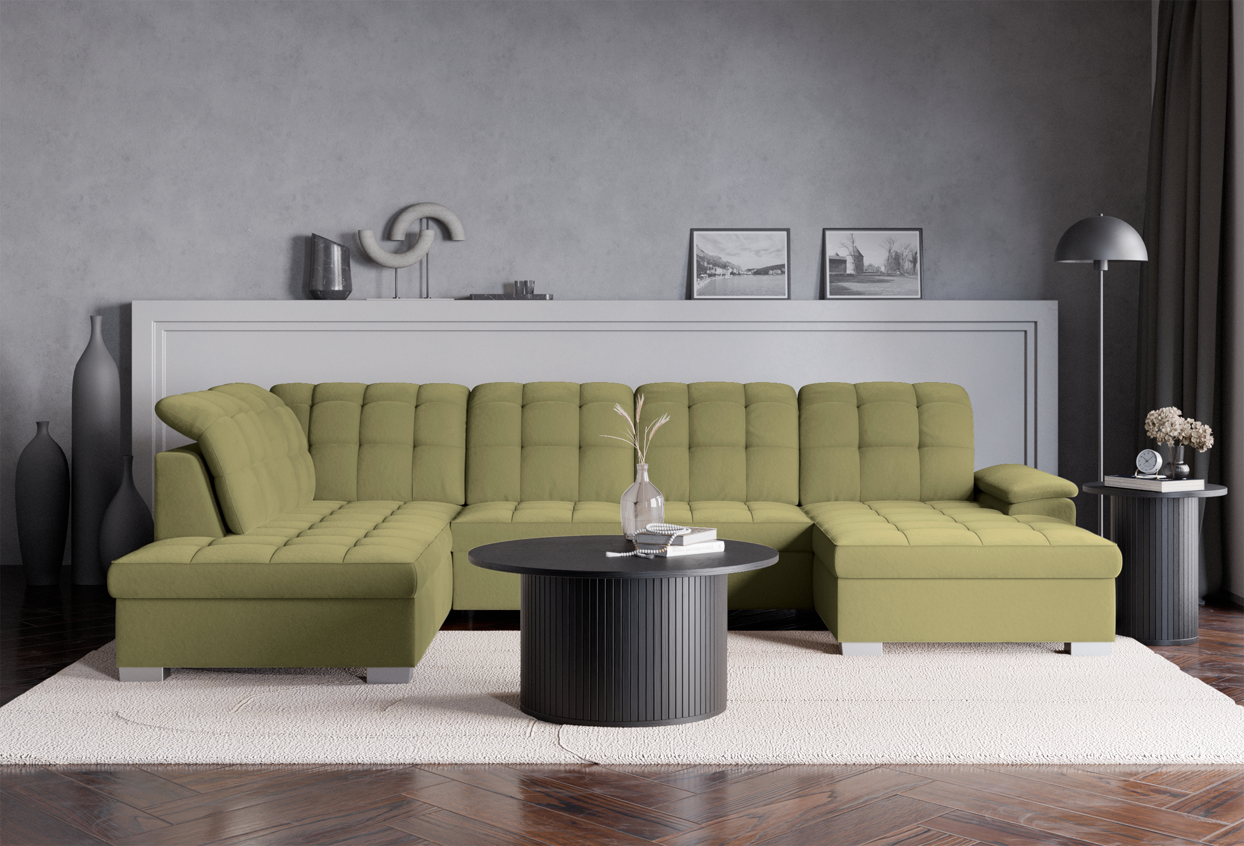 Ecksofa mit Schlaffunktion Jamaal U-förmig rechtsseitig mit Stauraum olivgrüner, hydrophober Samt