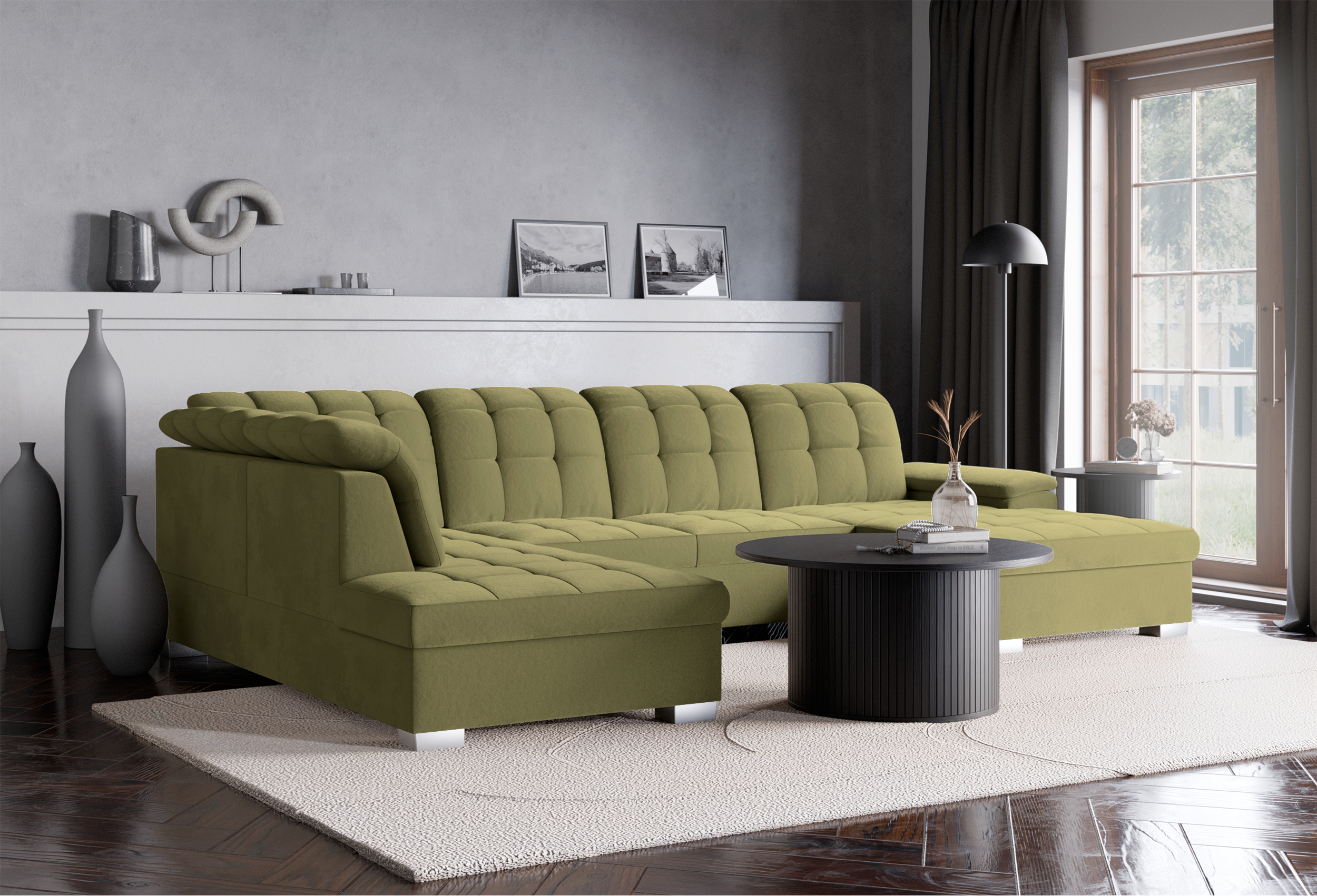 Ecksofa mit Schlaffunktion Jamaal U-förmig rechtsseitig mit Stauraum olivgrüner, hydrophober Samt