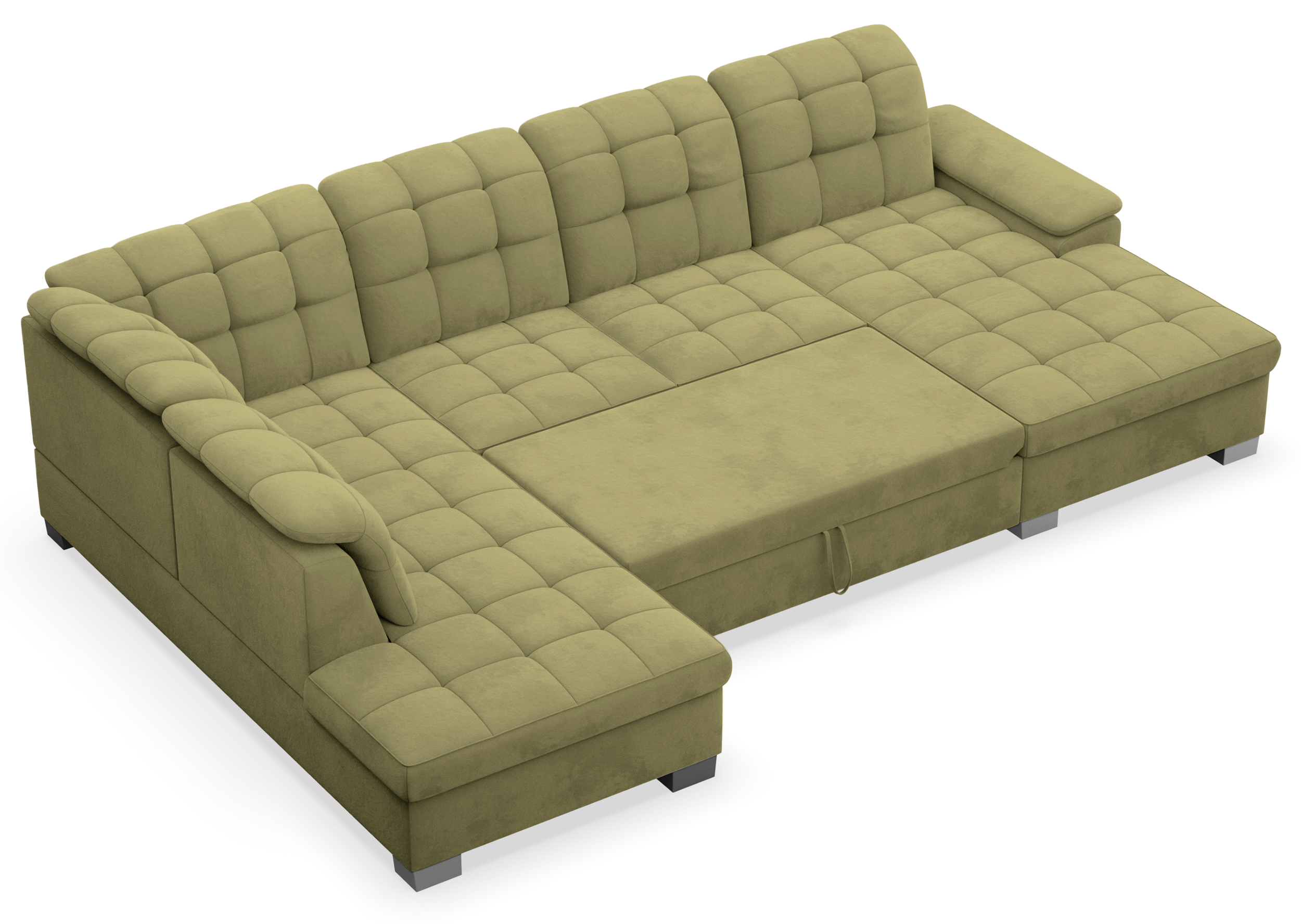 Ecksofa mit Schlaffunktion Jamaal U-förmig rechtsseitig mit Stauraum olivgrüner, hydrophober Samt