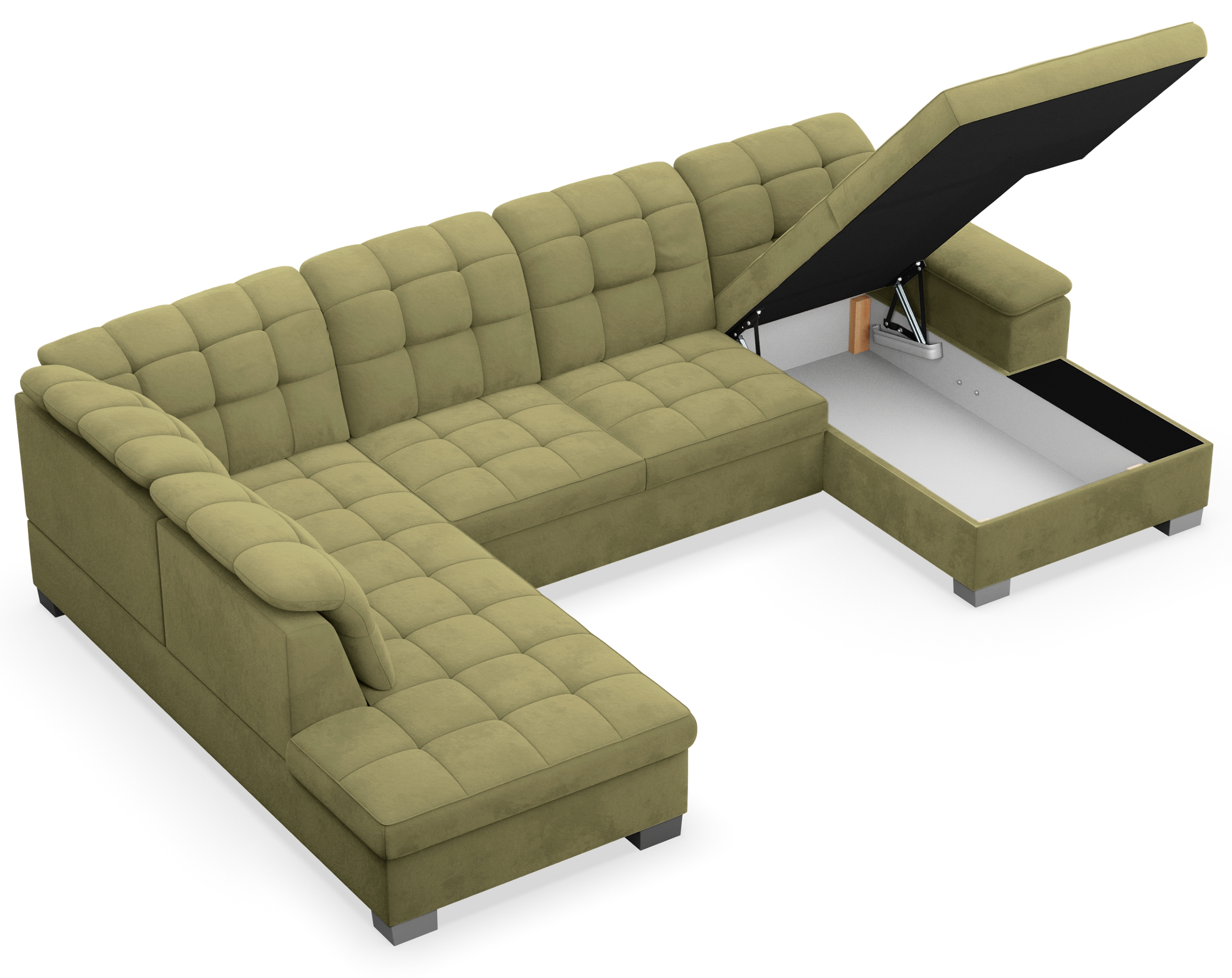 Ecksofa mit Schlaffunktion Jamaal U-förmig rechtsseitig mit Stauraum olivgrüner, hydrophober Samt
