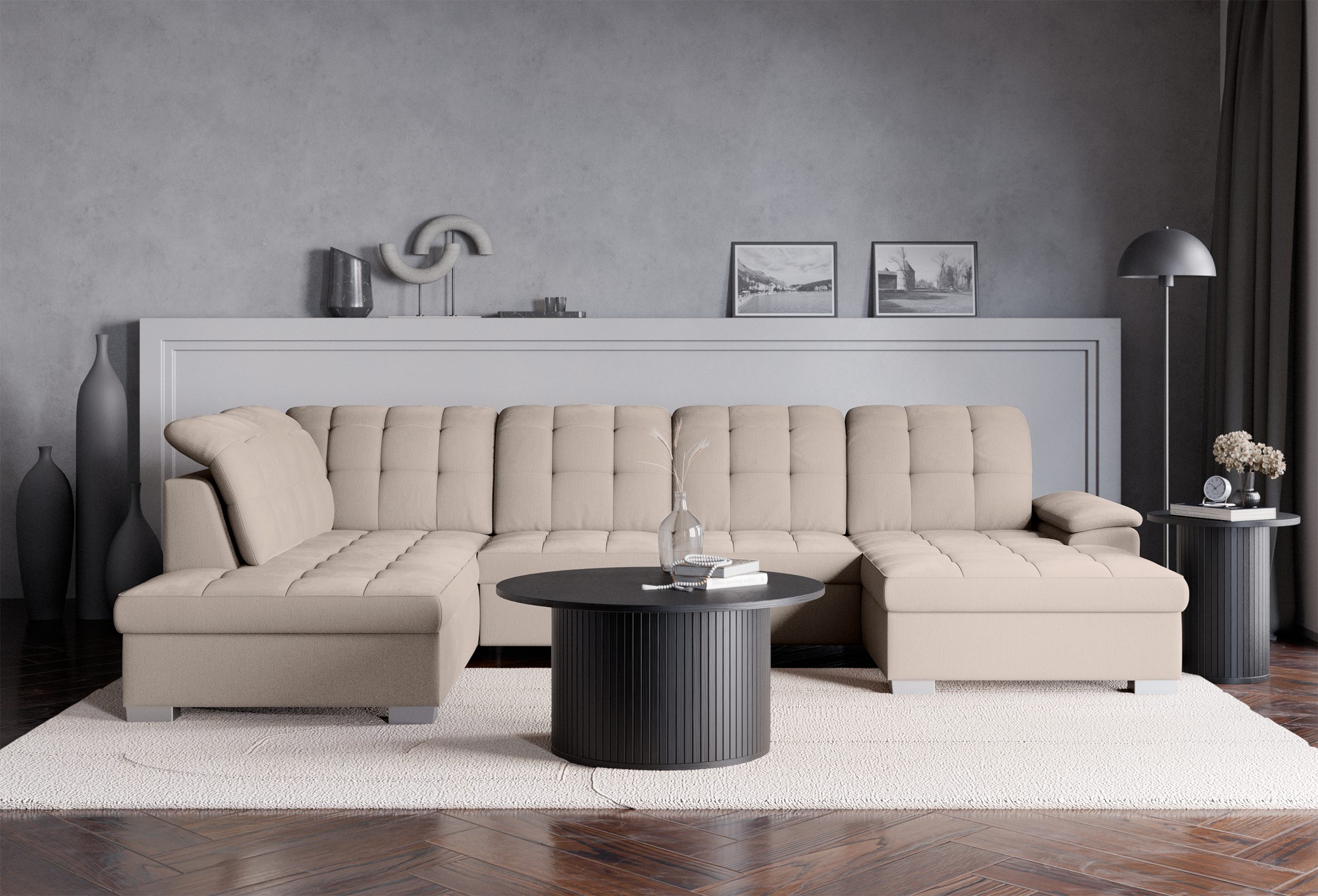 Ecksofa mit Schlaffunktion Jamaal U-förmig, rechtsseitig mit Stauraum, beige Flechtoptik