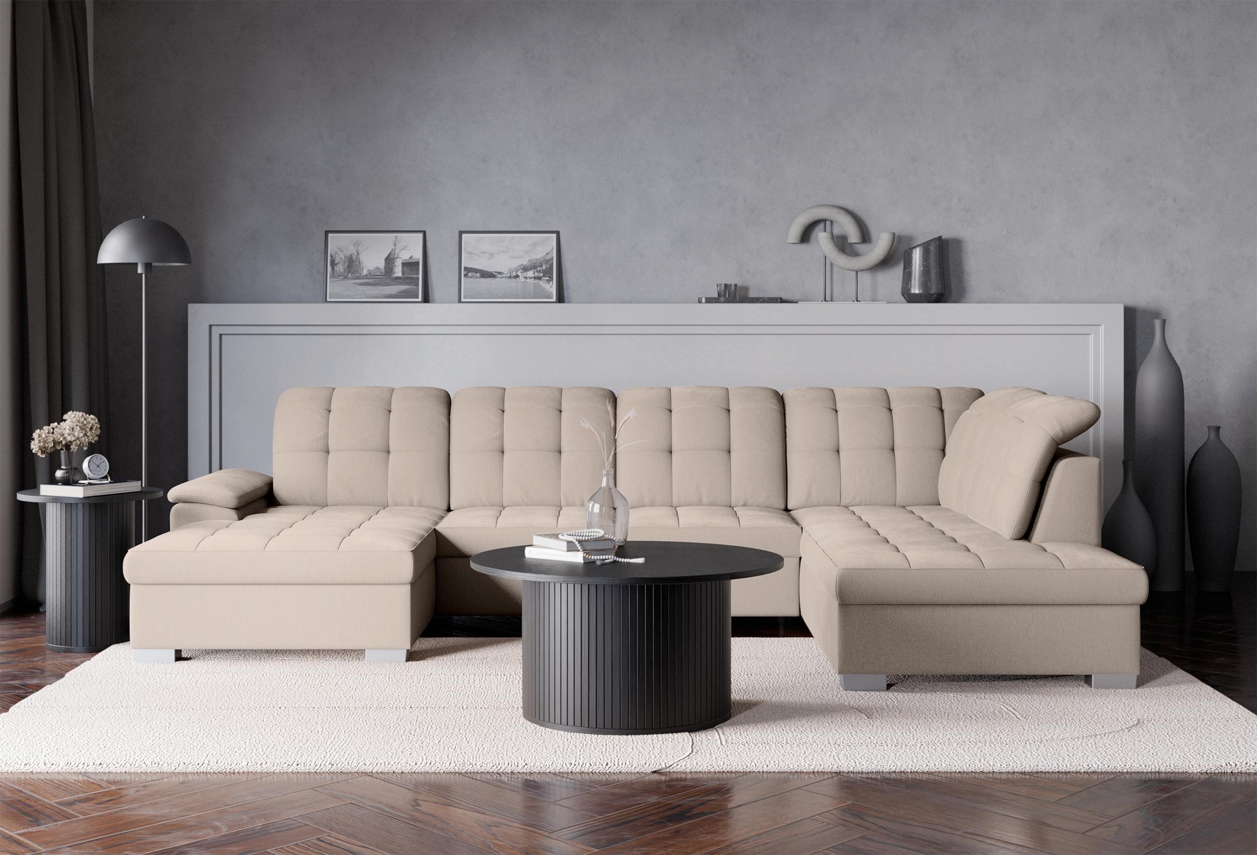 Ecksofa mit Schlaffunktion Jamaal U-förmig linksseitig mit Stauraum beige Geflecht