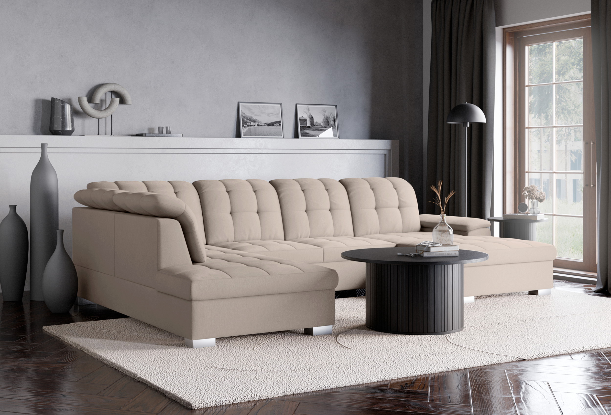 Ecksofa mit Schlaffunktion Jamaal U-förmig, rechtsseitig mit Stauraum, beige Flechtoptik