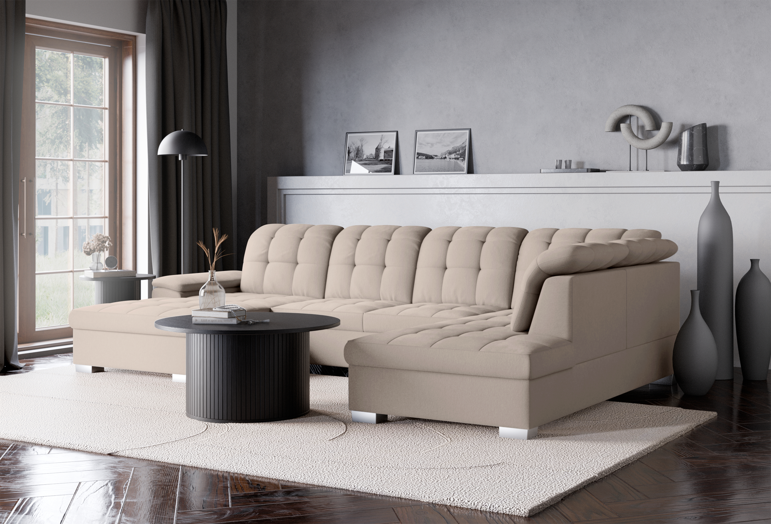 Ecksofa mit Schlaffunktion Jamaal U-förmig linksseitig mit Stauraum beige Geflecht
