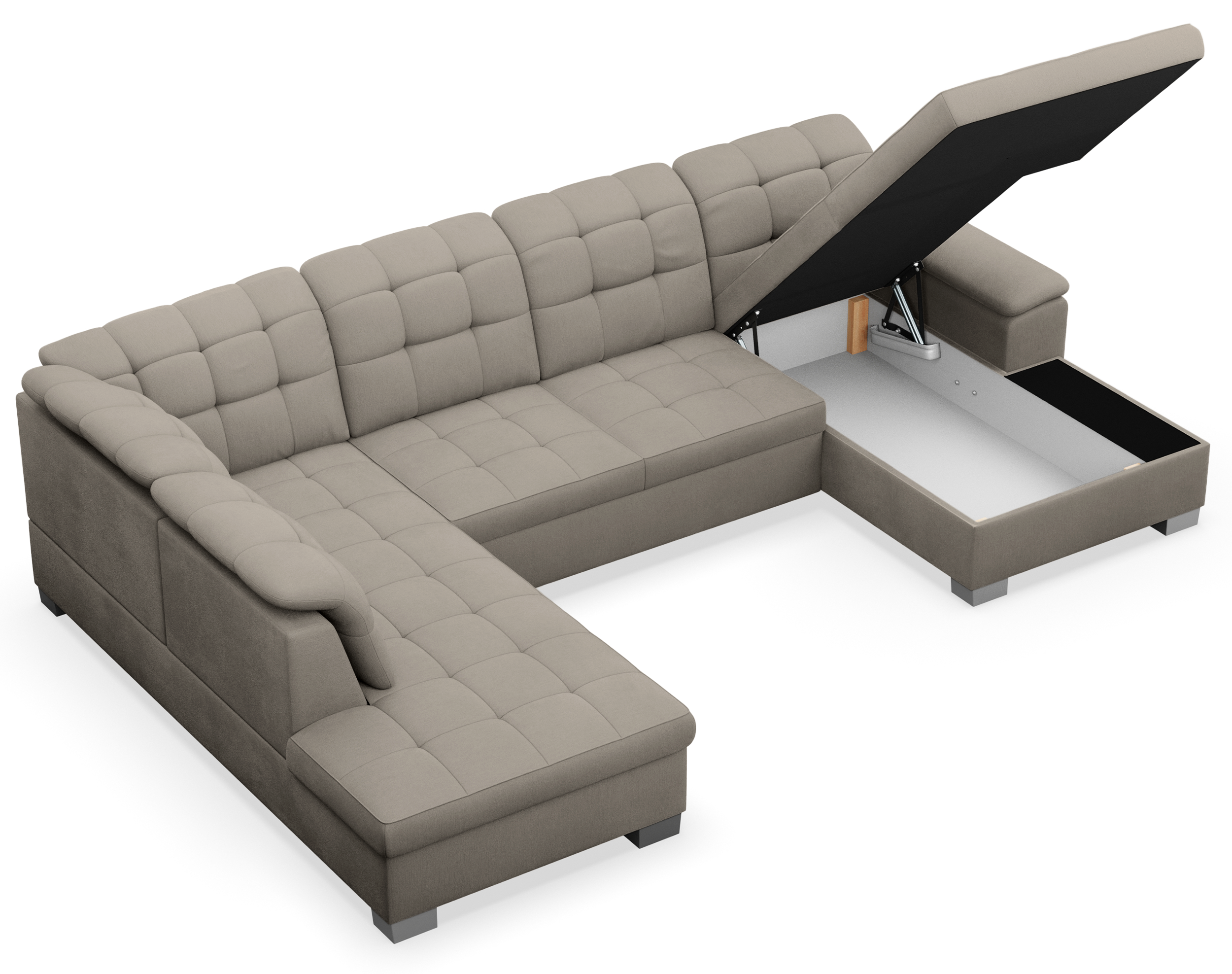 Ecksofa mit Schlaffunktion Jamaal U-förmig rechtsseitig mit Stauraum in grau-beigem Flechtmuster