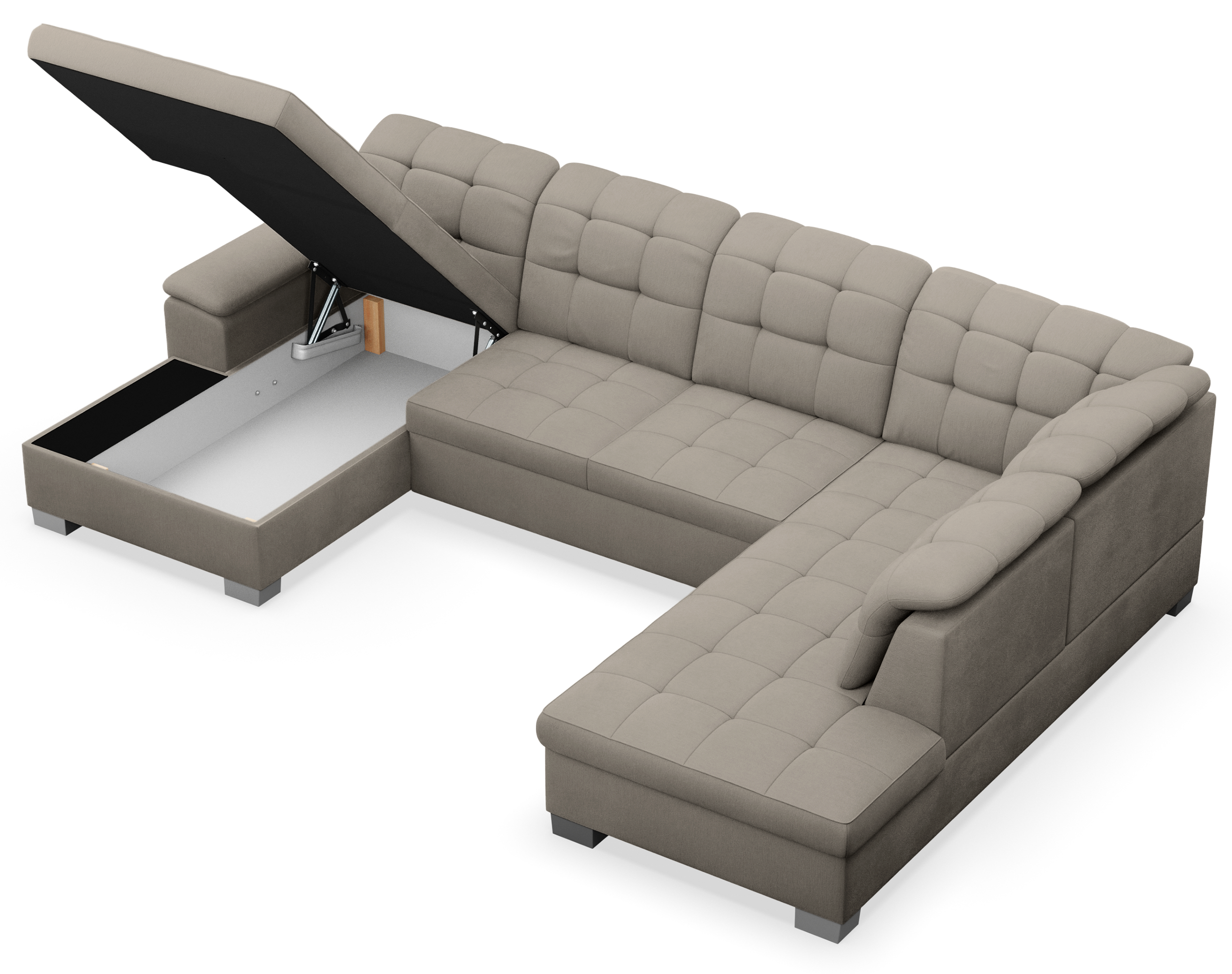 Ecksofa mit Schlaffunktion Jamaal U-förmig linksseitig mit Stauraum in grau-beigem Flechtmuster