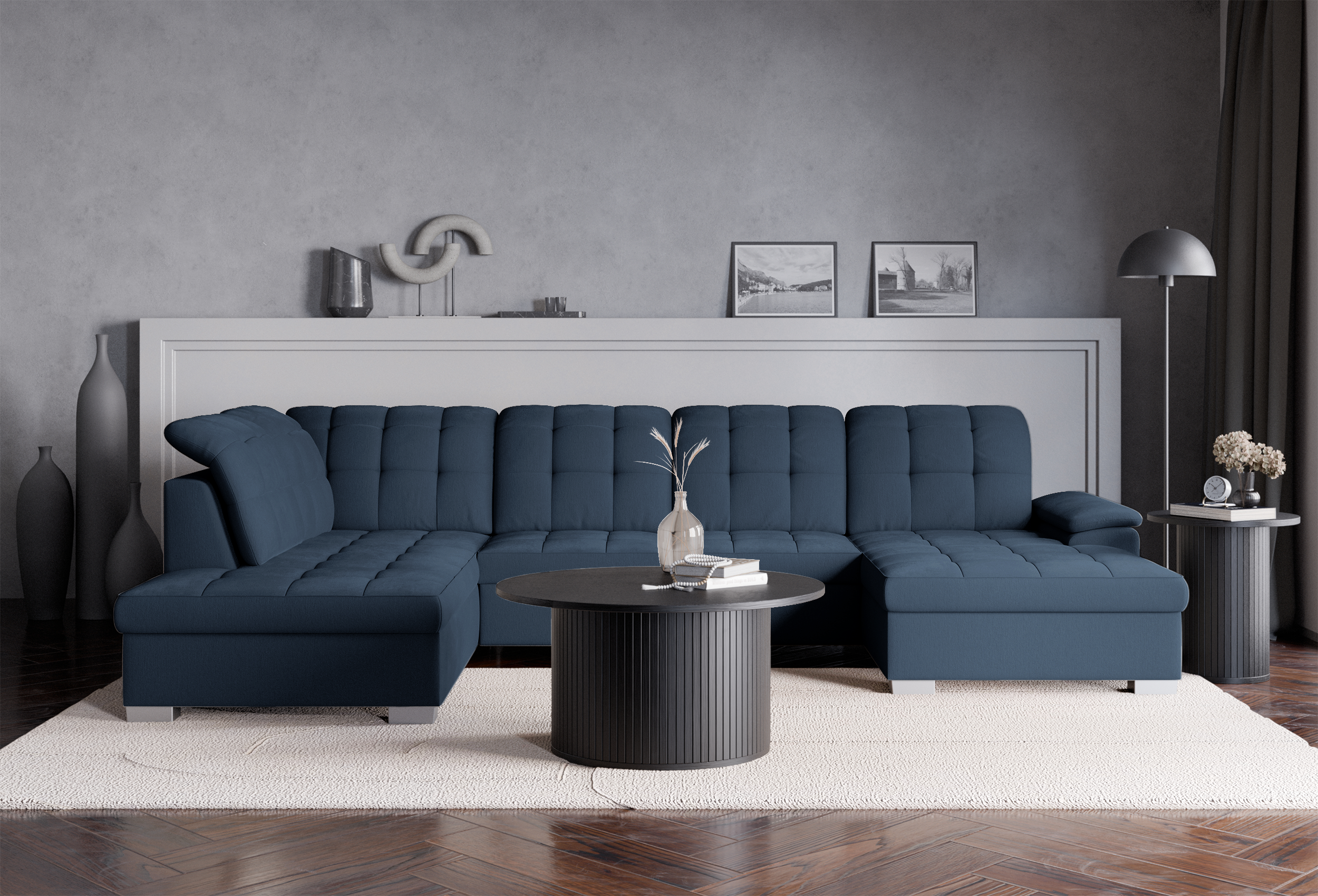 Ecksofa mit Schlaffunktion Jamaal U-förmig, rechtsseitig, mit Stauraum, marineblauer Flechtstoff