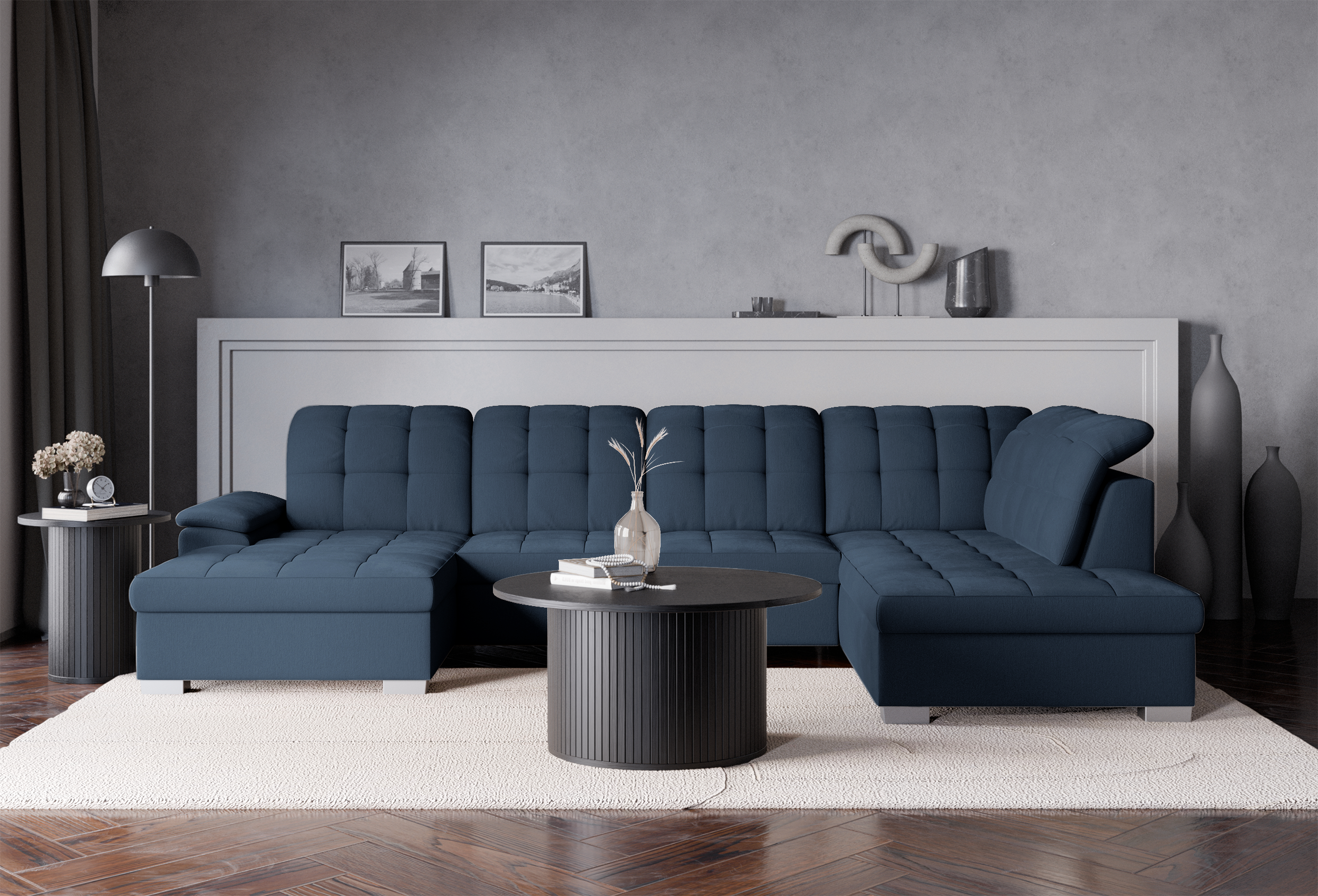 Ecksofa mit Schlaffunktion Jamaal U-förmig linksseitig mit Stauraum marineblau Flechtoptik