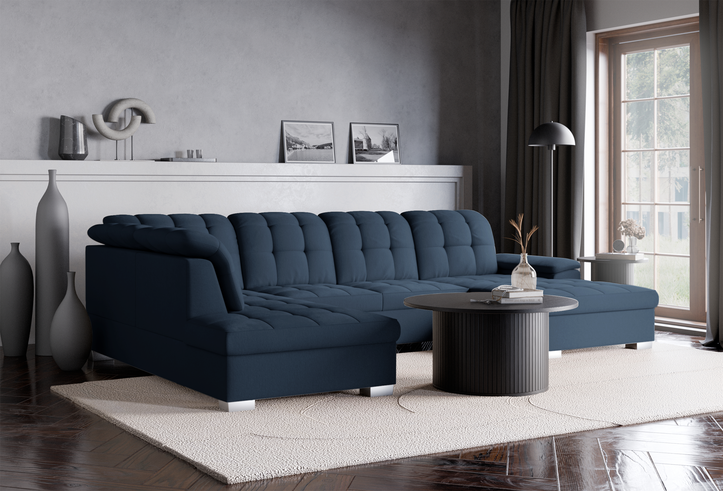 Ecksofa mit Schlaffunktion Jamaal U-förmig, rechtsseitig, mit Stauraum, marineblauer Flechtstoff