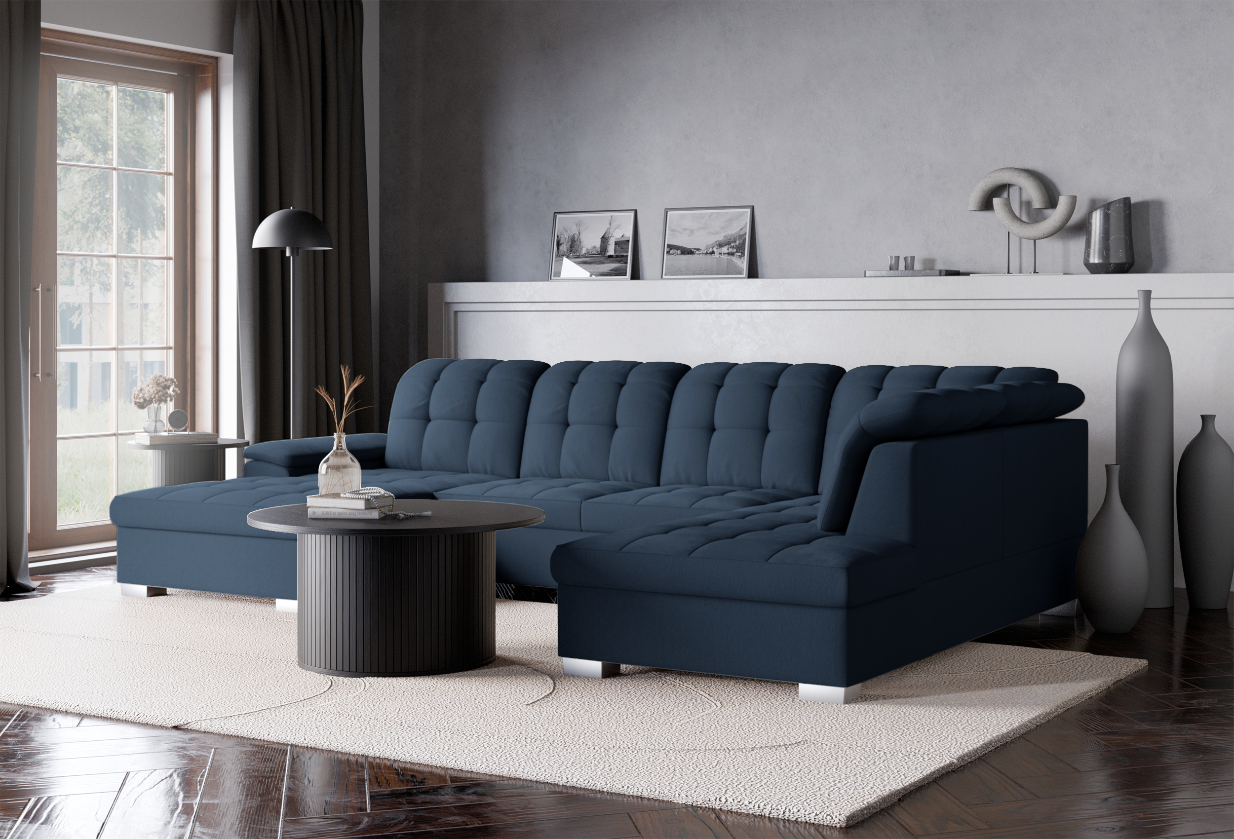 Ecksofa mit Schlaffunktion Jamaal U-förmig linksseitig mit Stauraum marineblau Flechtoptik