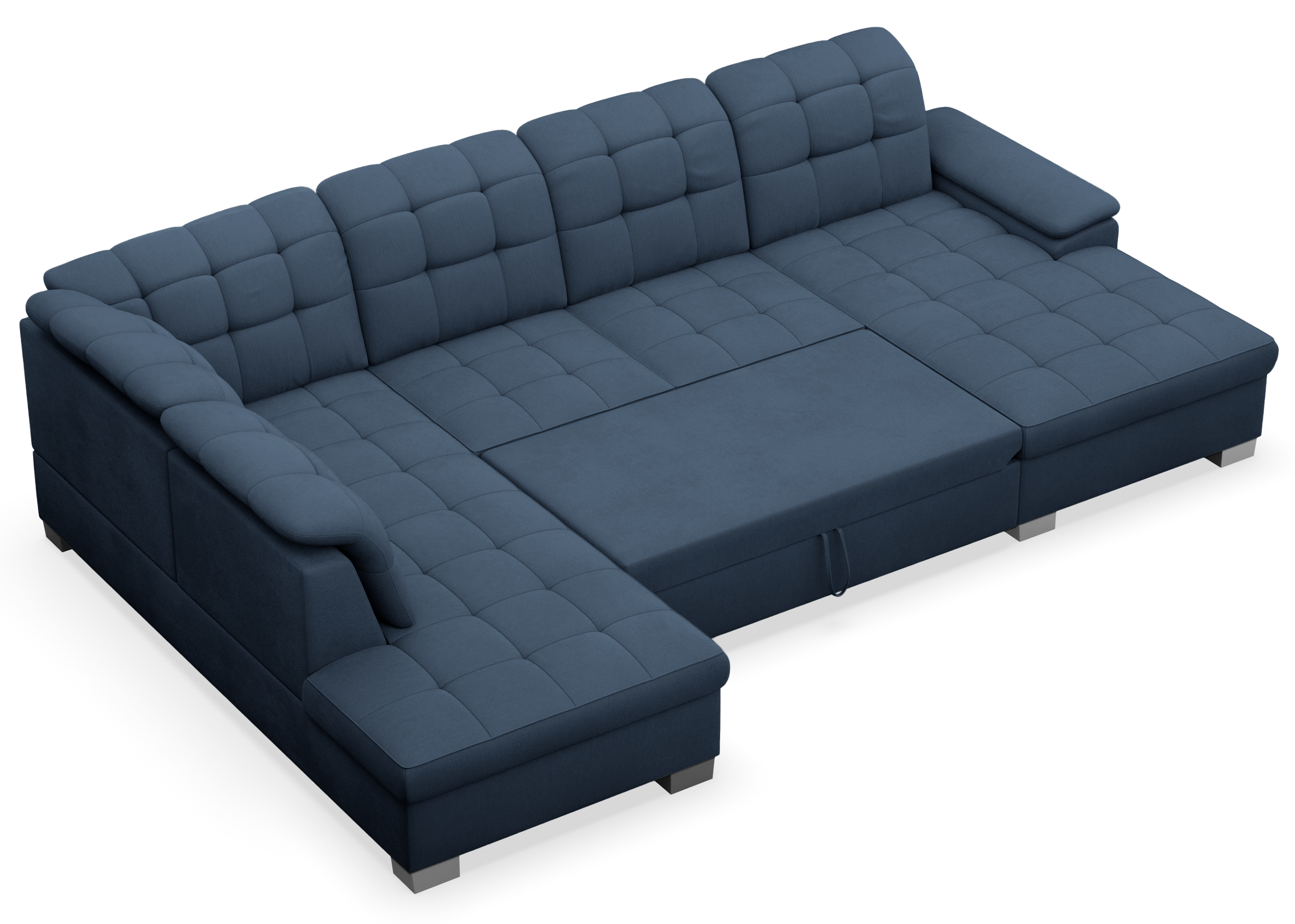 Ecksofa mit Schlaffunktion Jamaal U-förmig, rechtsseitig, mit Stauraum, marineblauer Flechtstoff