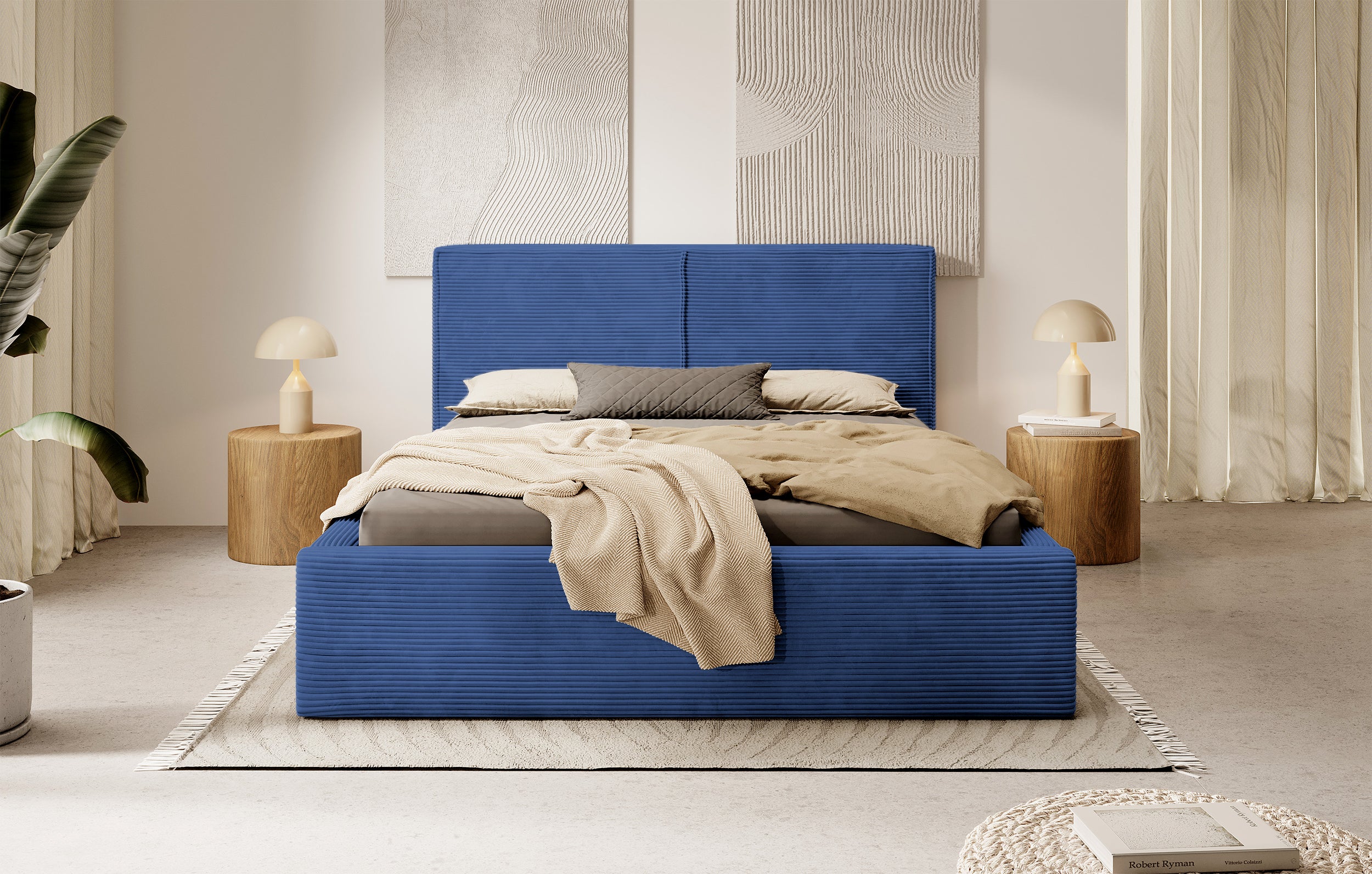 Gepolstertes Bett 140x200 cm Farese mit Stauraum und Gasdruckfeder, dunkelblauer Cord