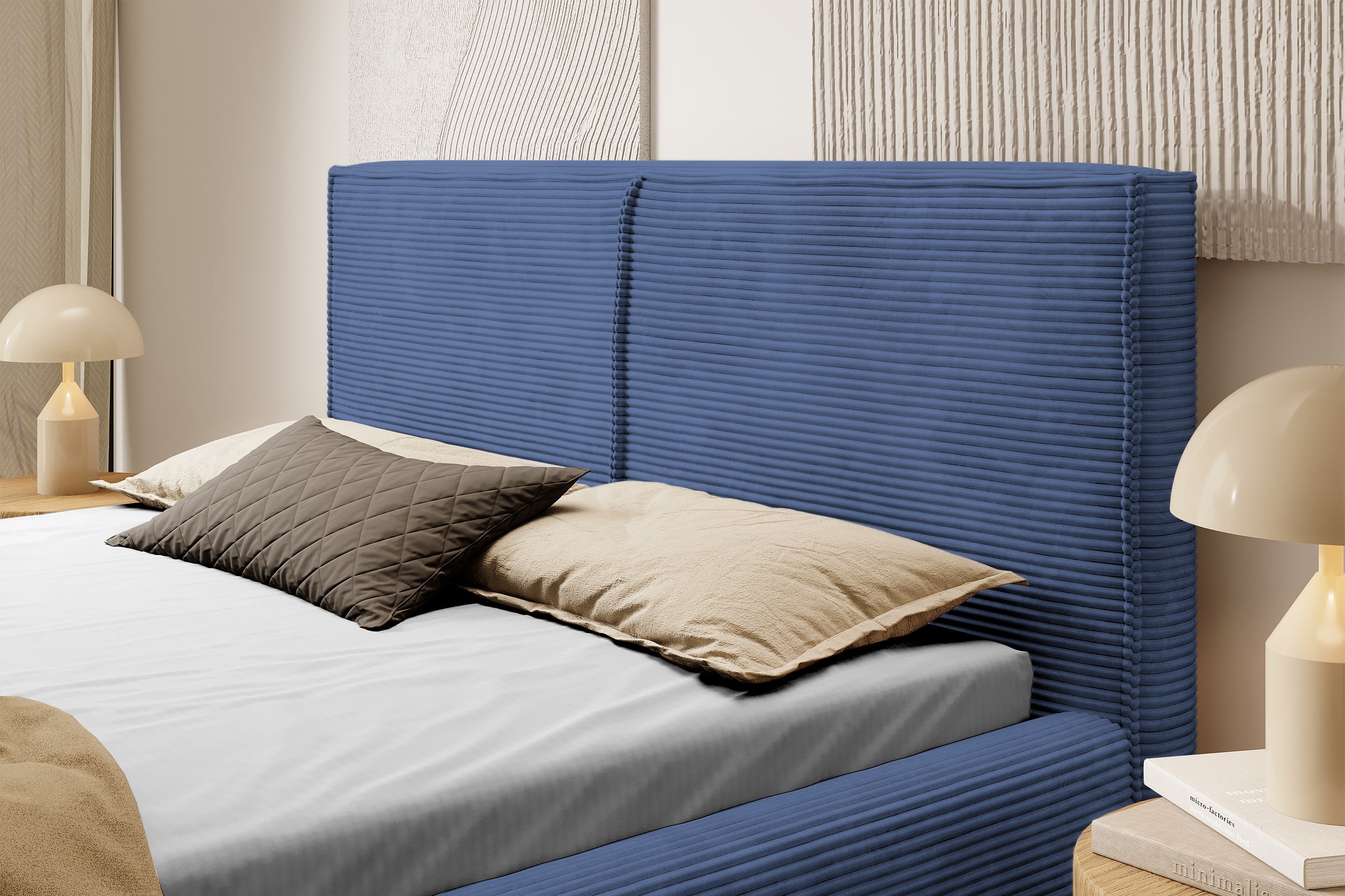 Gepolstertes Bett 140x200 cm Farese mit Stauraum und Gasdruckfeder, dunkelblauer Cord
