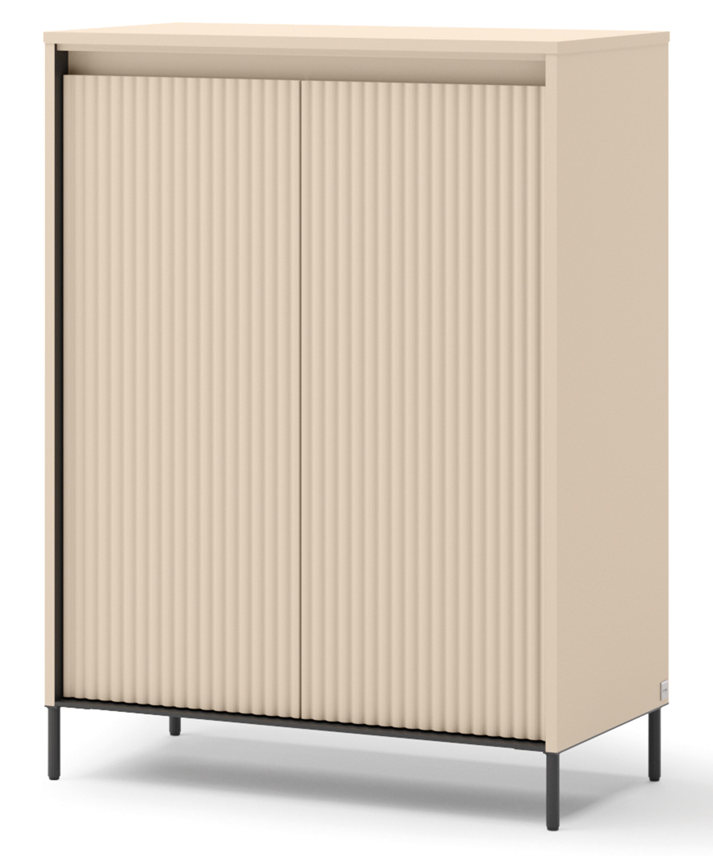 Hohe Kommode Trend mit zwei Türen, 78 cm, geriffelte Fronten, Sandbeige / Schwarz, mit Beleuchtung