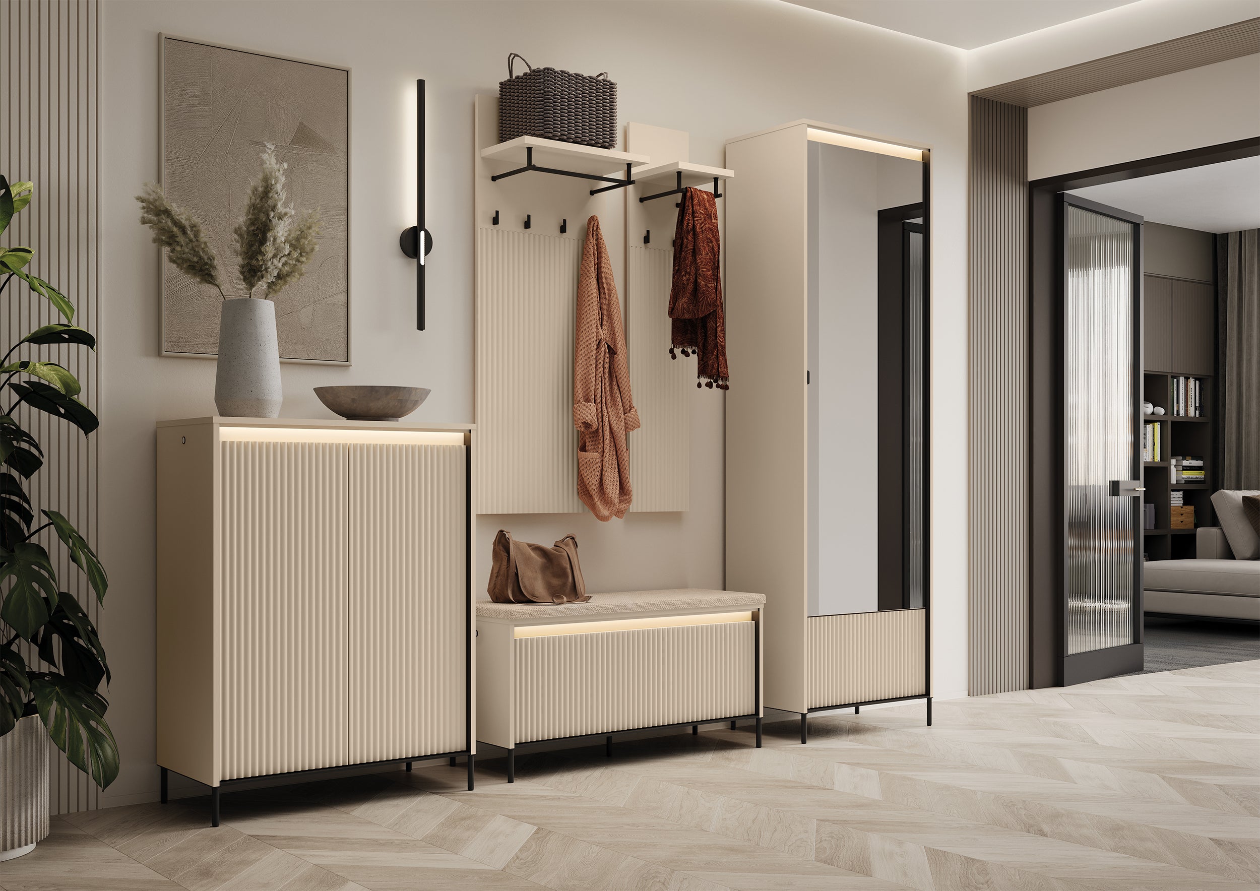 Hohe Kommode Trend mit zwei Türen, 78 cm, geriffelte Fronten, Sandbeige / Schwarz, mit Beleuchtung