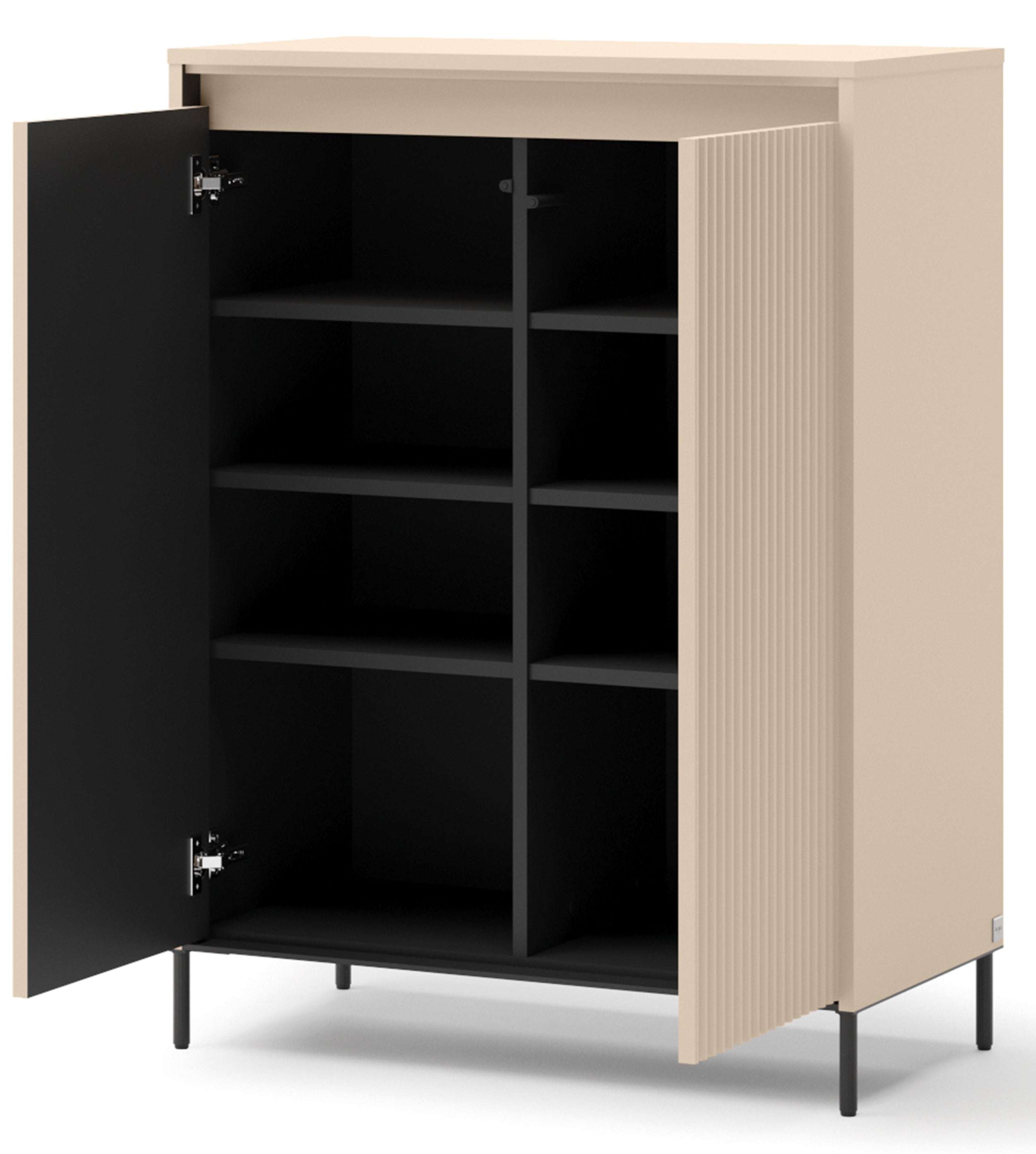 Hohe Kommode Trend mit zwei Türen, 78 cm, geriffelte Fronten, Sandbeige / Schwarz, mit Beleuchtung
