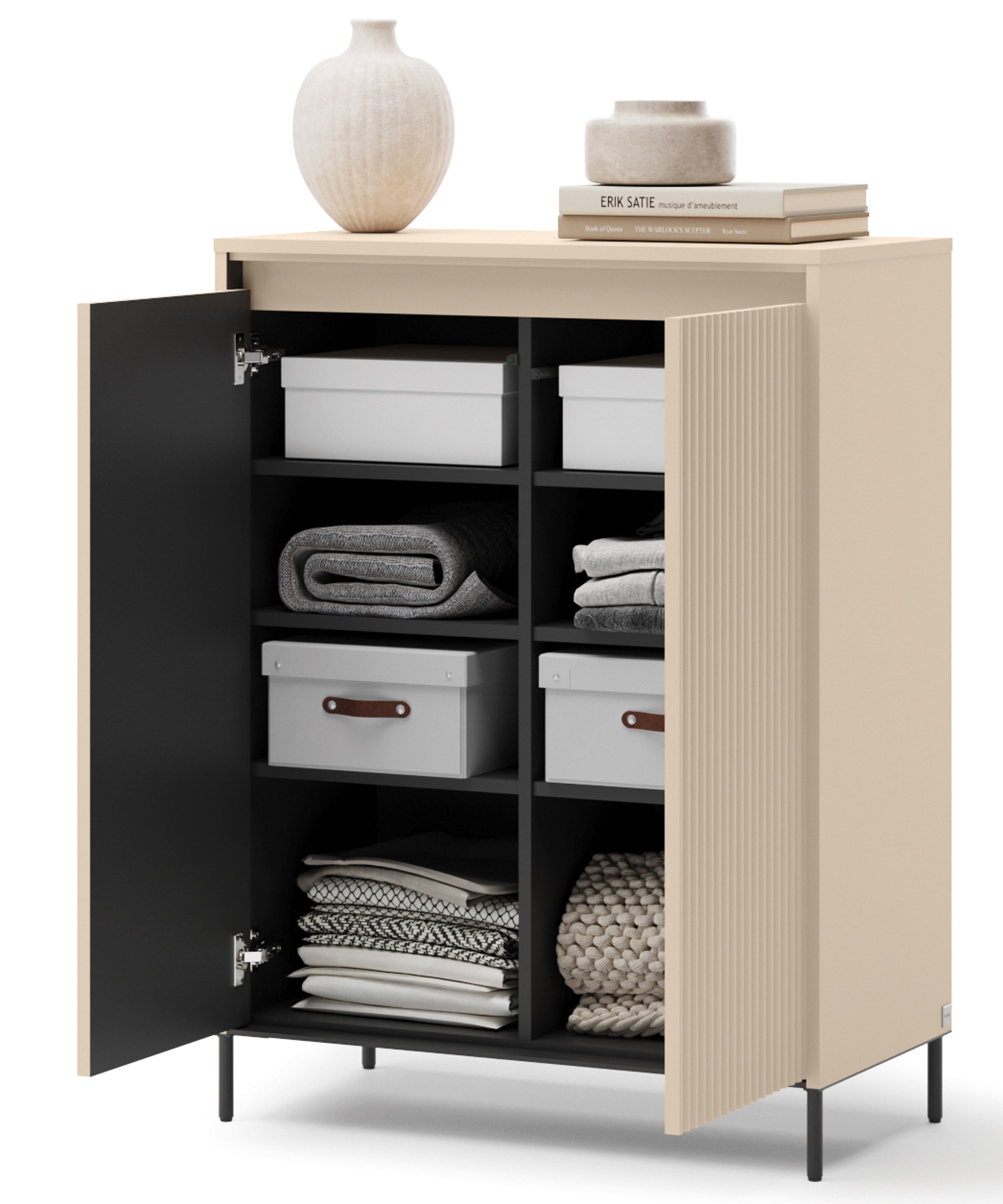 Hohe Kommode Trend mit zwei Türen, 78 cm, geriffelte Fronten, Sandbeige / Schwarz, mit Beleuchtung