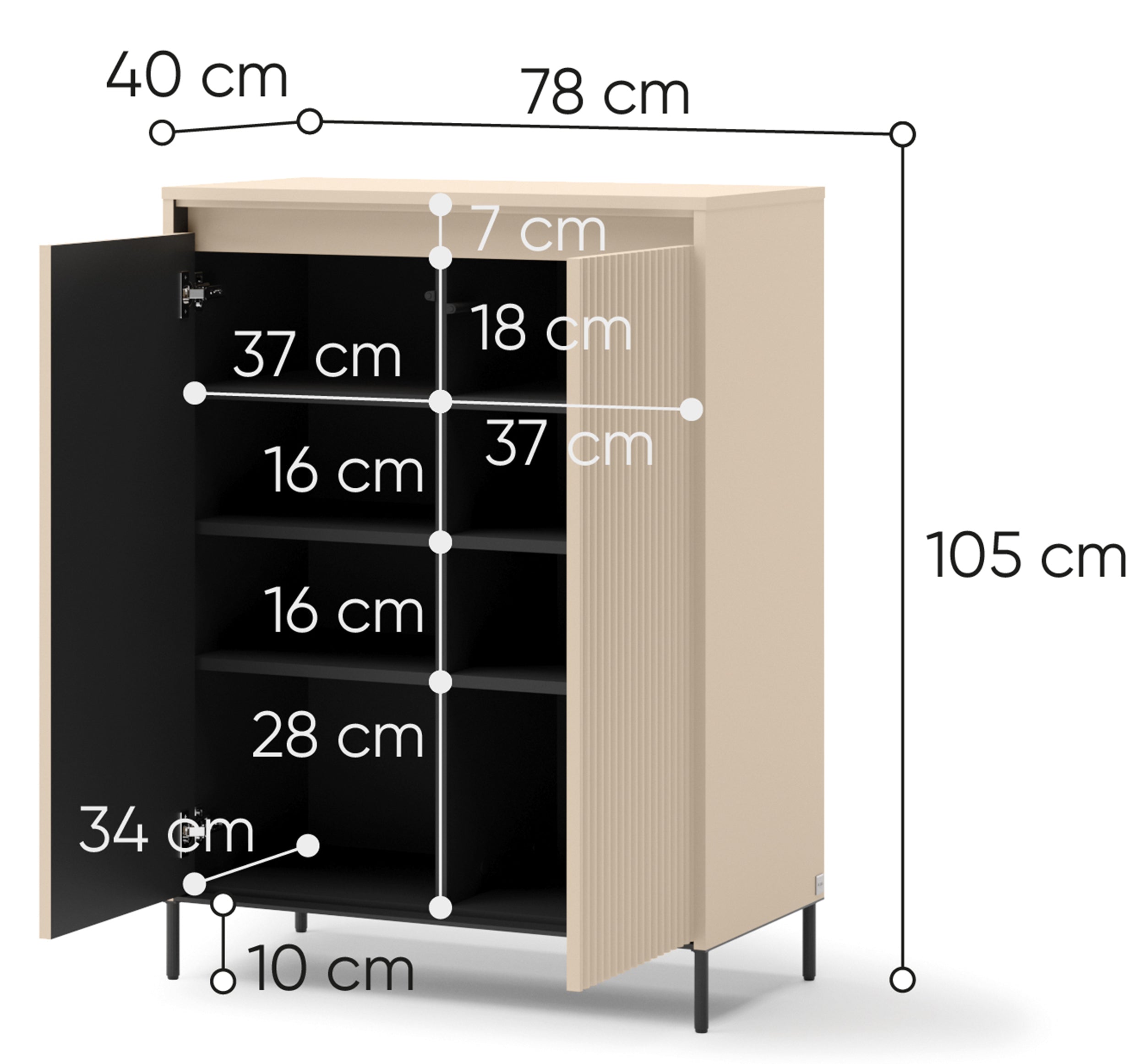 Hohe Kommode Trend mit zwei Türen, 78 cm, geriffelte Fronten, Sandbeige / Schwarz, mit Beleuchtung