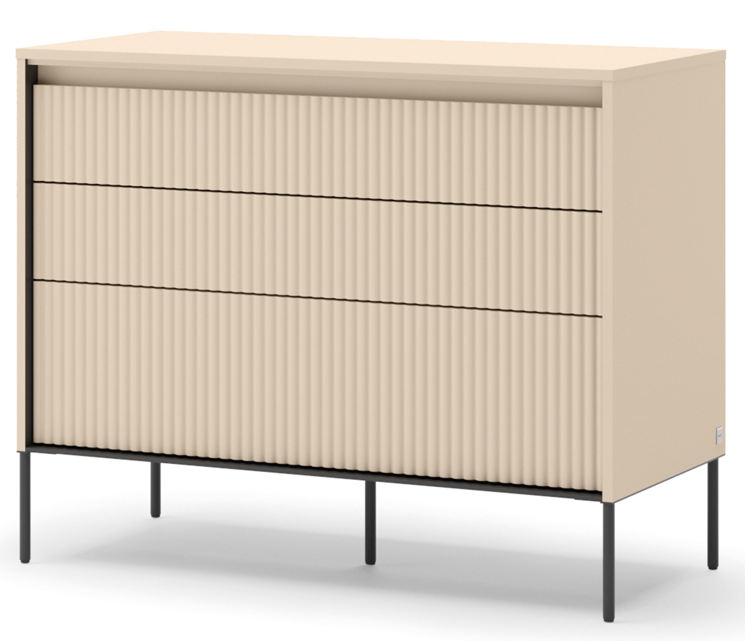 Trend-Kommode mit drei Schubladen und Beleuchtung, 104 cm, geriffelte Fronten, sandbeige / schwarz