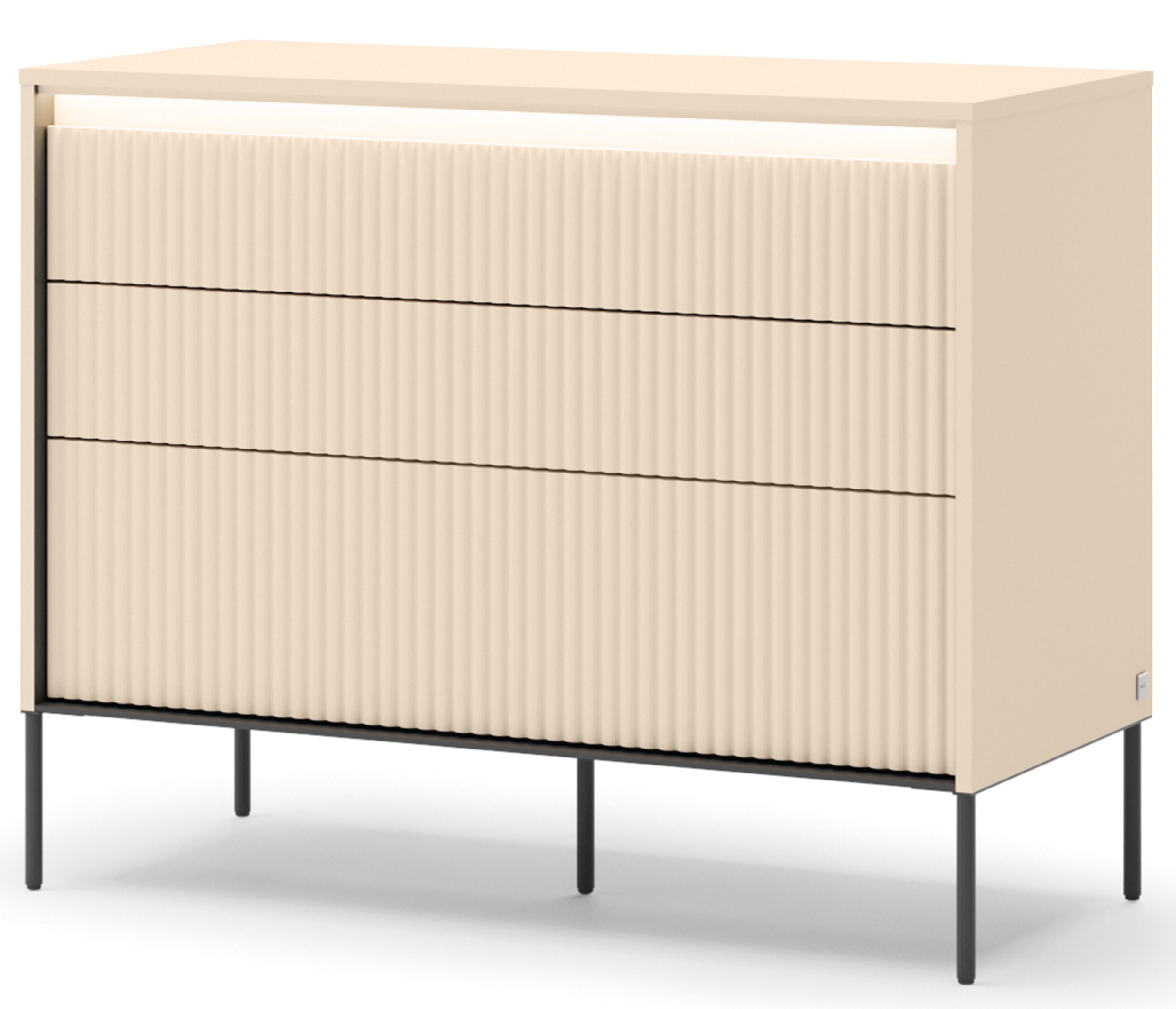 Trend-Kommode mit drei Schubladen und Beleuchtung, 104 cm, geriffelte Fronten, sandbeige / schwarz