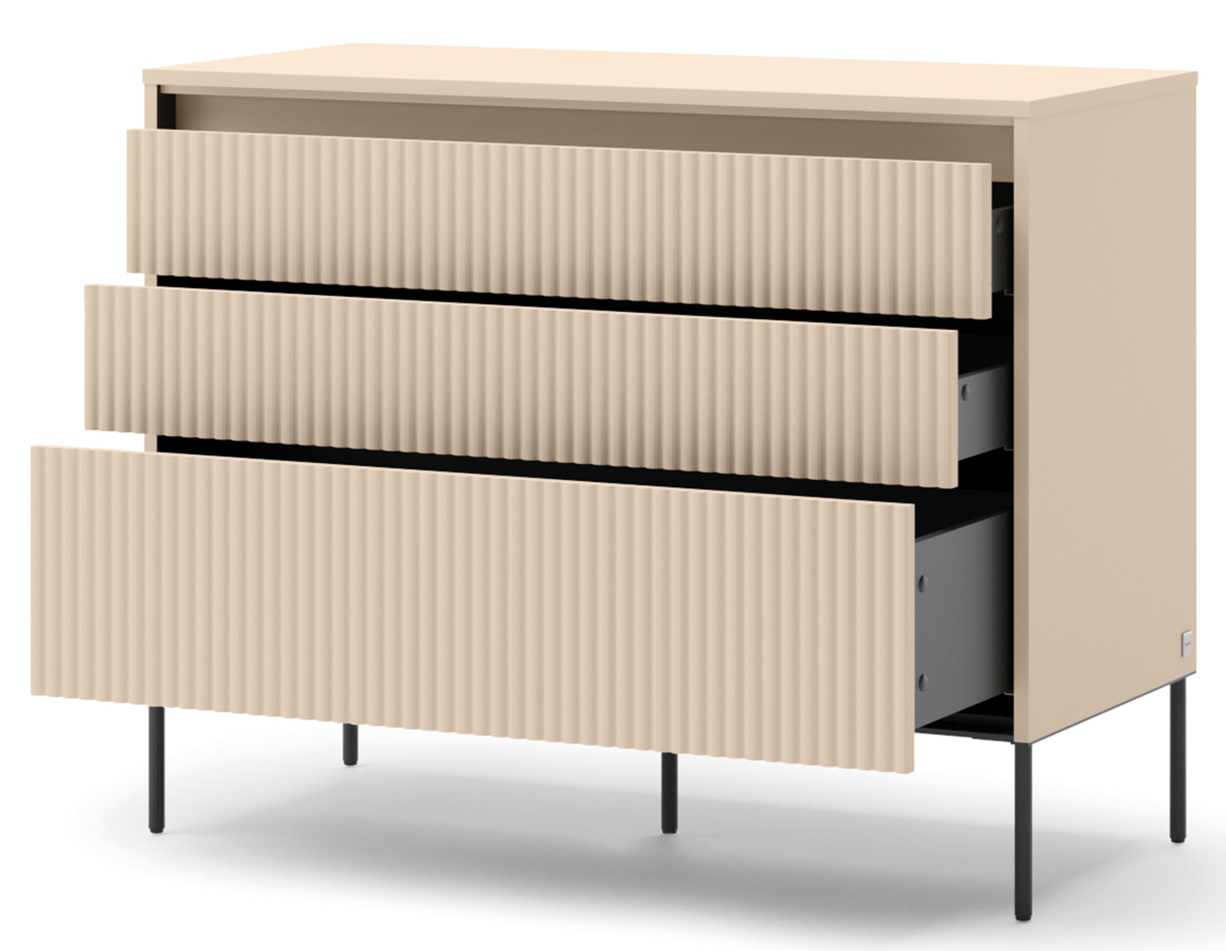 Trend-Kommode mit drei Schubladen und Beleuchtung, 104 cm, geriffelte Fronten, sandbeige / schwarz