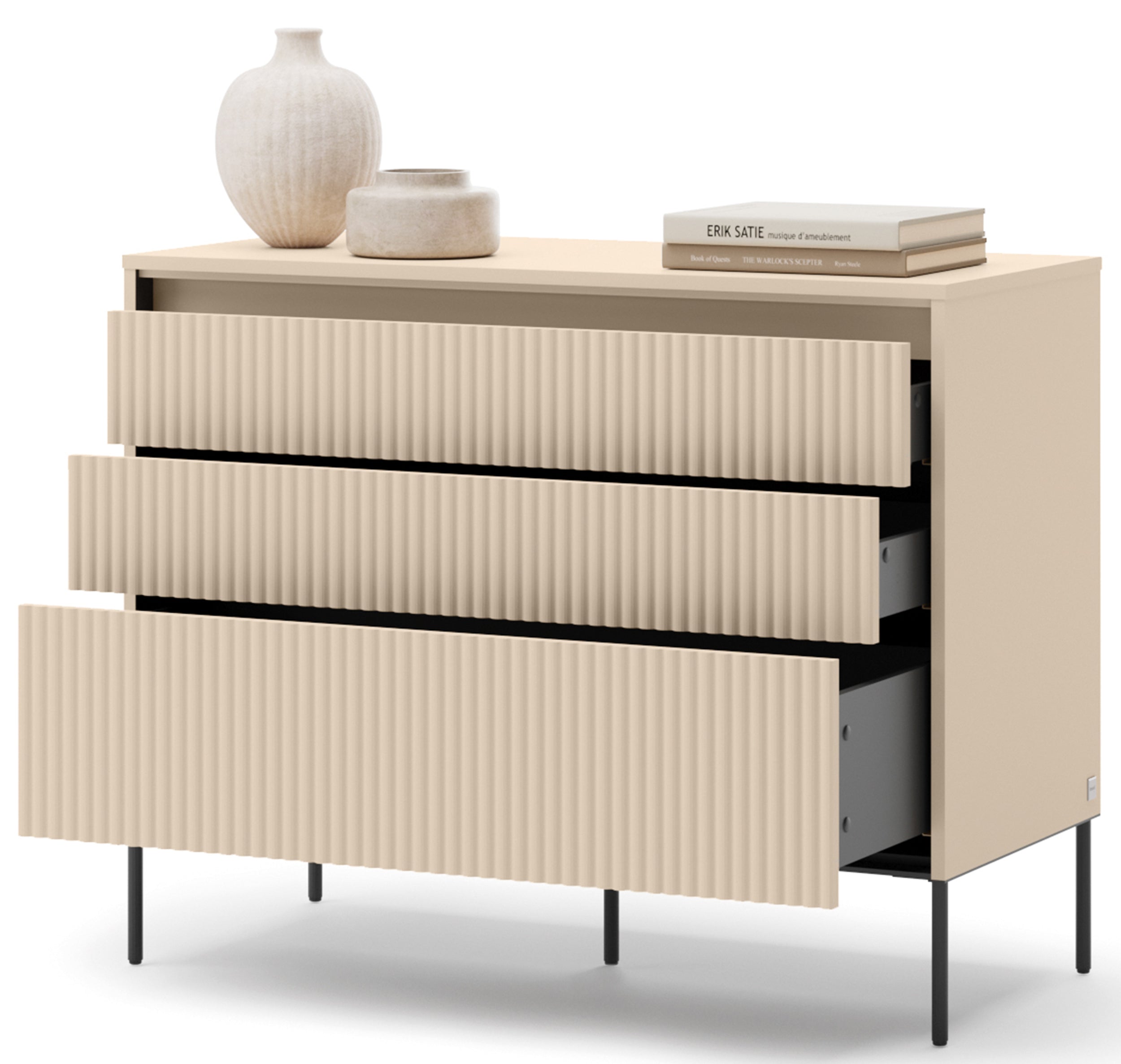 Trend-Kommode mit drei Schubladen und Beleuchtung, 104 cm, geriffelte Fronten, sandbeige / schwarz