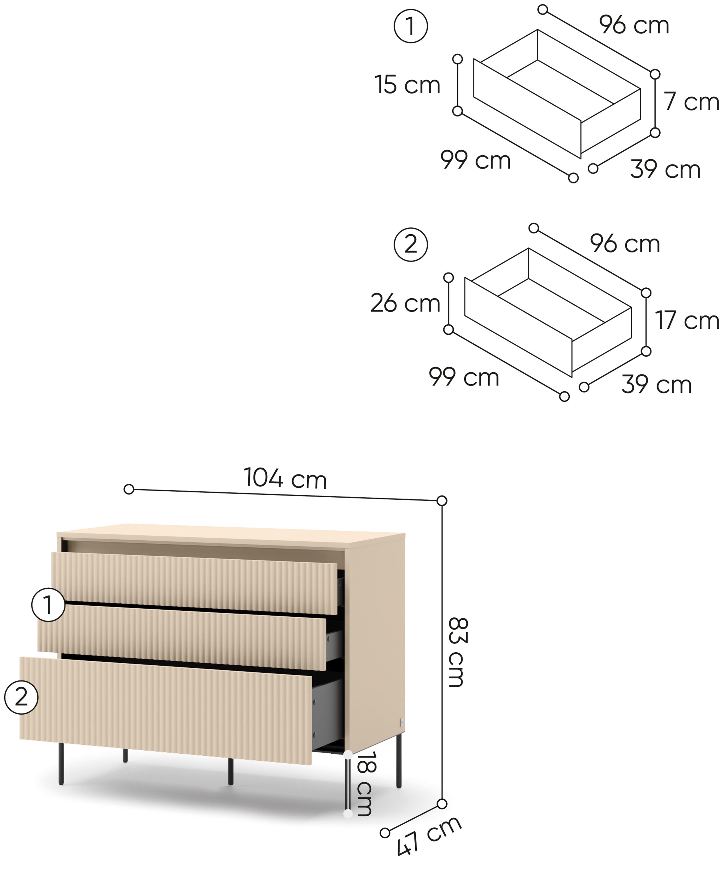 Trend-Kommode mit drei Schubladen und Beleuchtung, 104 cm, geriffelte Fronten, sandbeige / schwarz