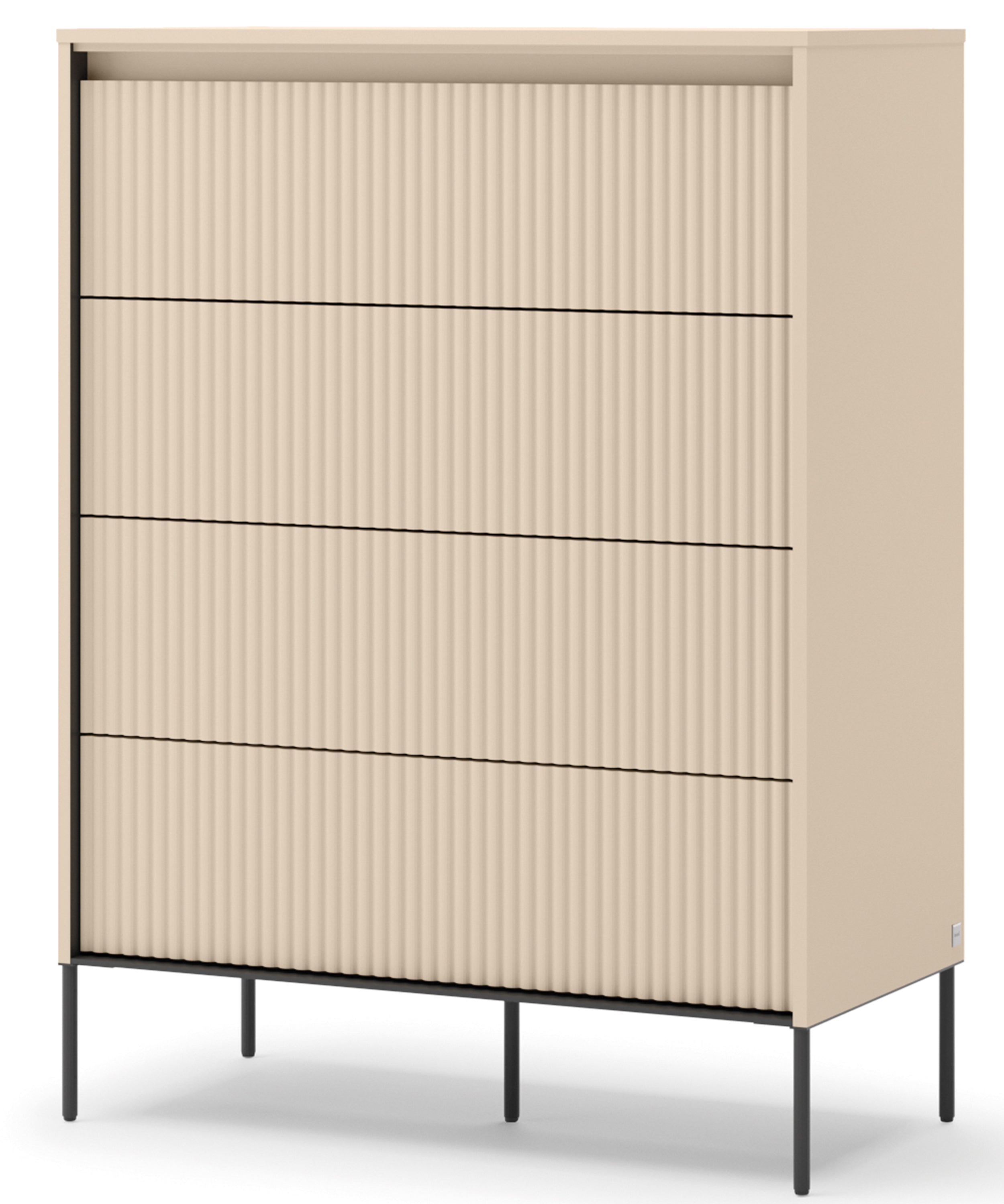 Hohe Kommode Trend mit vier Schubladen und Beleuchtung, 93 cm, gerillte Fronten, sandbeige / schwarz