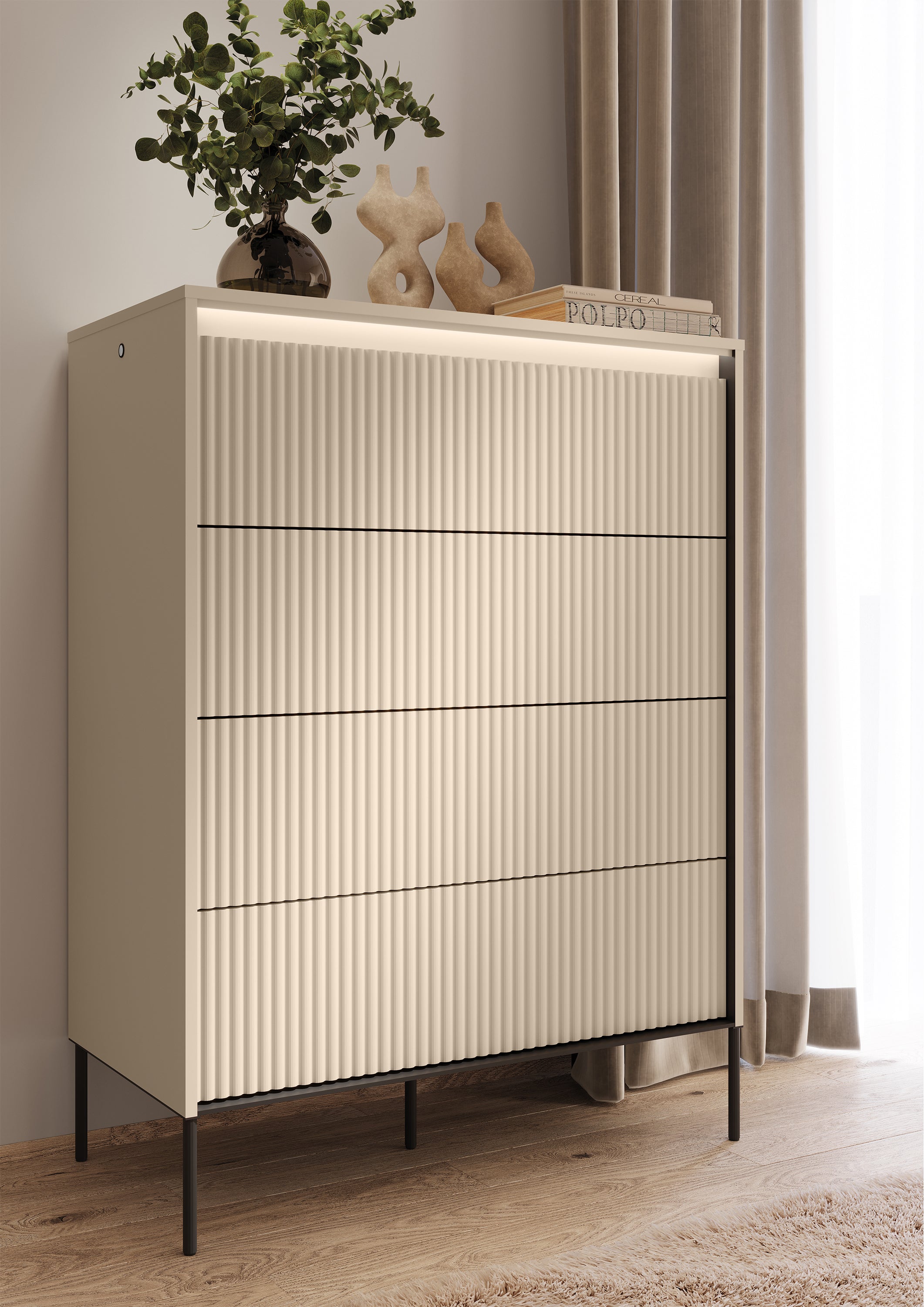 Hohe Kommode Trend mit vier Schubladen und Beleuchtung, 93 cm, gerillte Fronten, sandbeige / schwarz