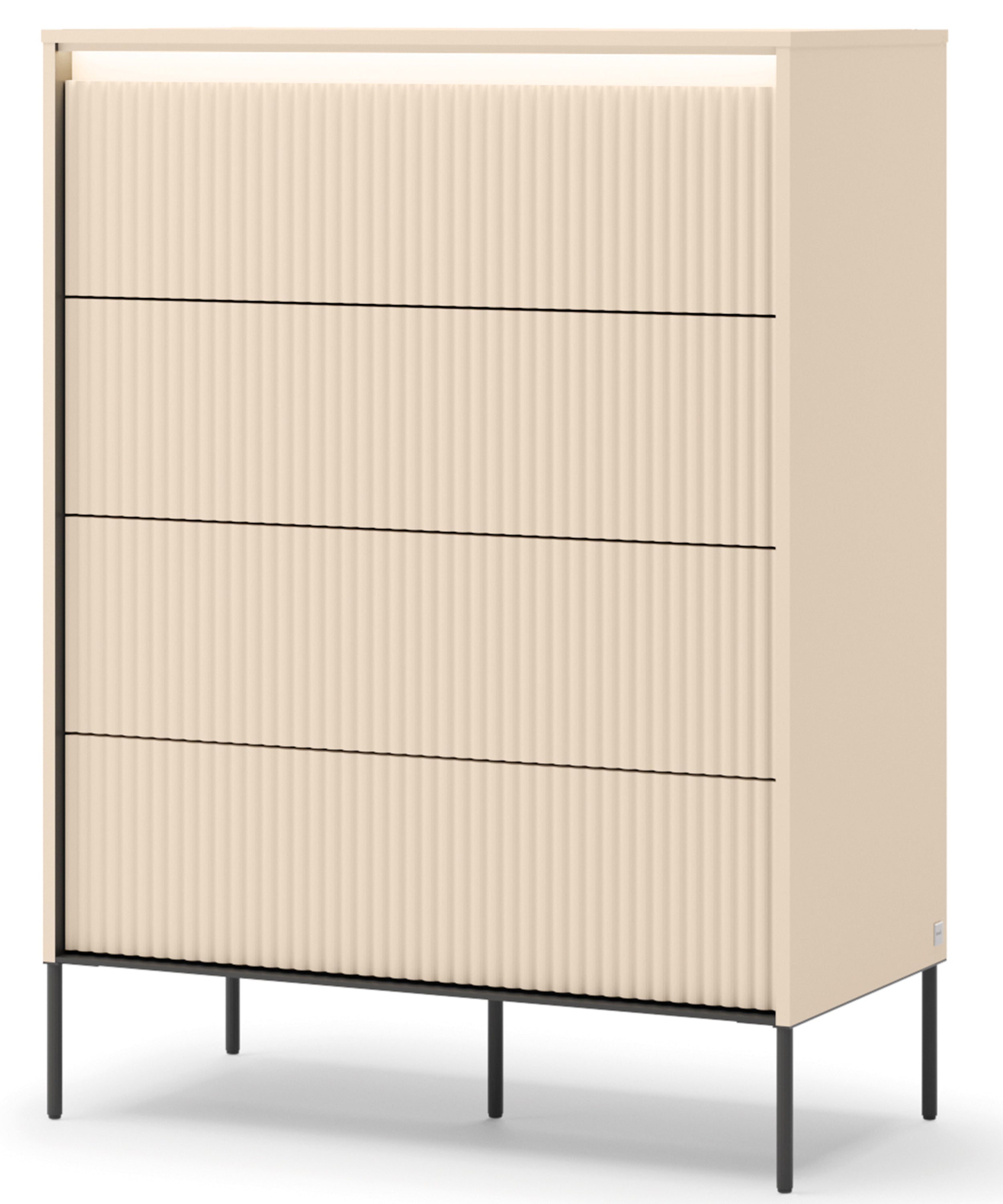 Hohe Kommode Trend mit vier Schubladen und Beleuchtung, 93 cm, gerillte Fronten, sandbeige / schwarz