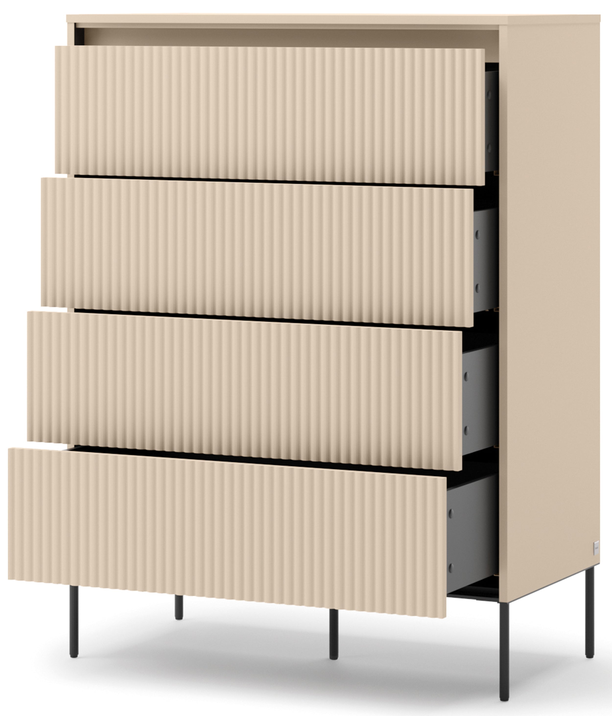 Hohe Kommode Trend mit vier Schubladen und Beleuchtung, 93 cm, gerillte Fronten, sandbeige / schwarz