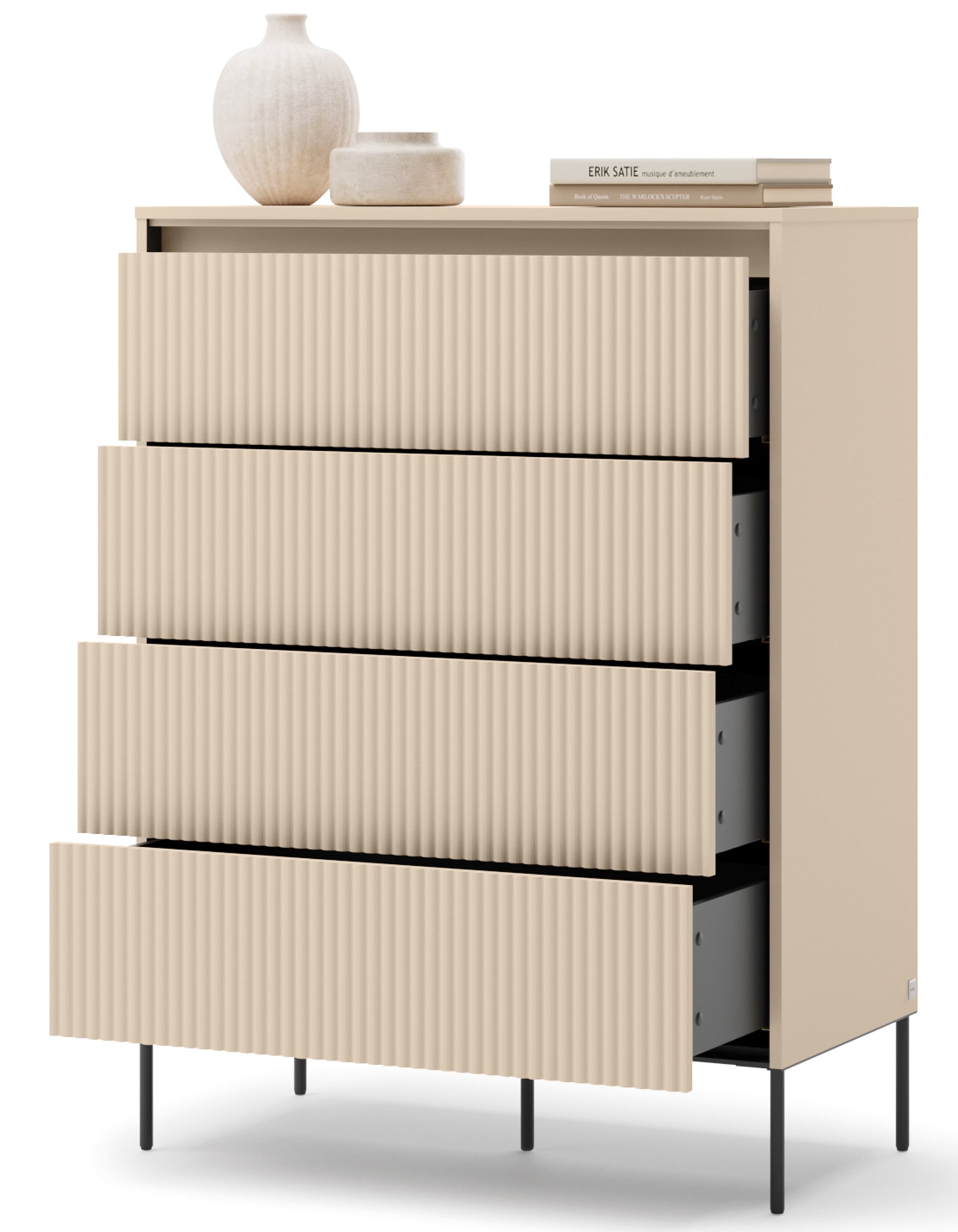 Hohe Kommode Trend mit vier Schubladen und Beleuchtung, 93 cm, gerillte Fronten, sandbeige / schwarz